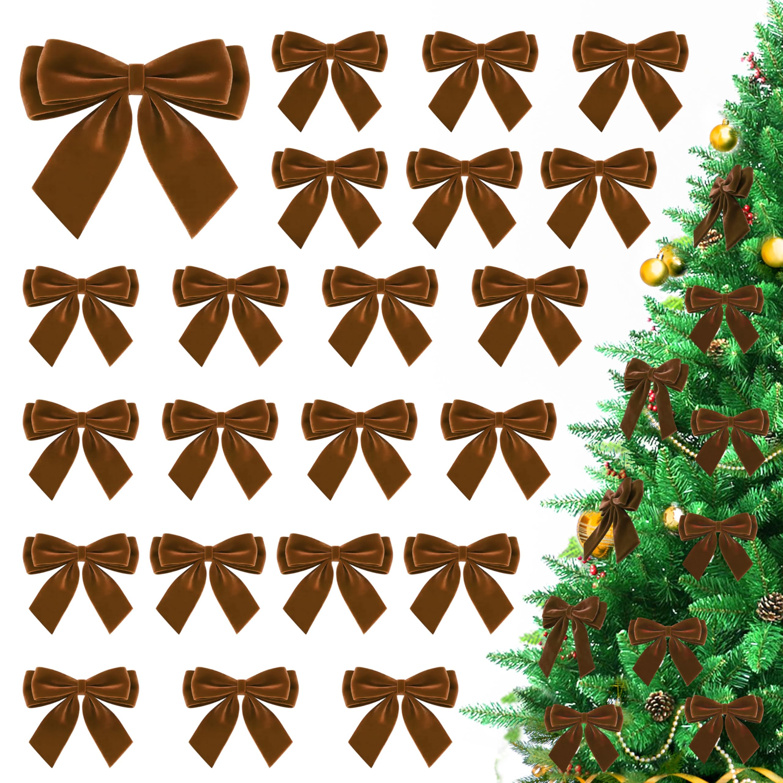 36Pcs Velvet Bows for Christmas Tree, Small Brown Bows Christmas Decorations with Twist Tie, Bulk Vintage Velvet Ornaments for Wreath Garland Gift Wrapping Wedding Champagne Parties, 3.5*3.5 in