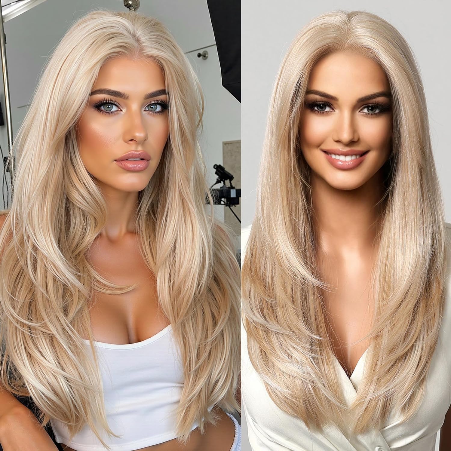 Testar 613 13×6 Spitzenfront-Perücke,lange blonde Perücken für Damen,HD transparante Spitze,Perücke in Platinblond,22 Zoll glattes Haar,natürlich gestuft,klebefrei,synthetische Perücke