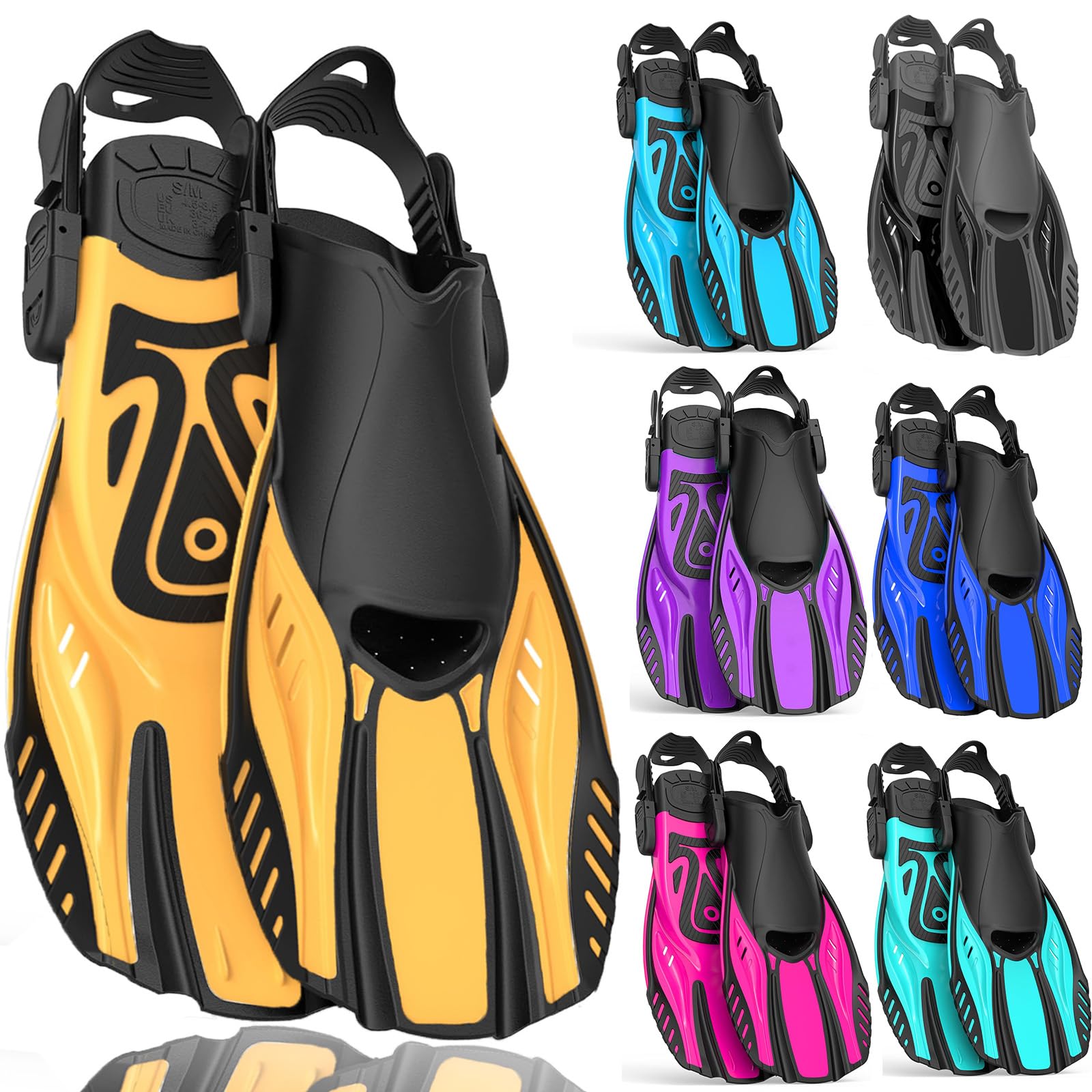 Snorkel Fins Diving Fins Adjustable Buckles Open Heel Swim Flippers Travel Size Short Swim Fins for Snorkeling Diving Swimming Adult Men Womens