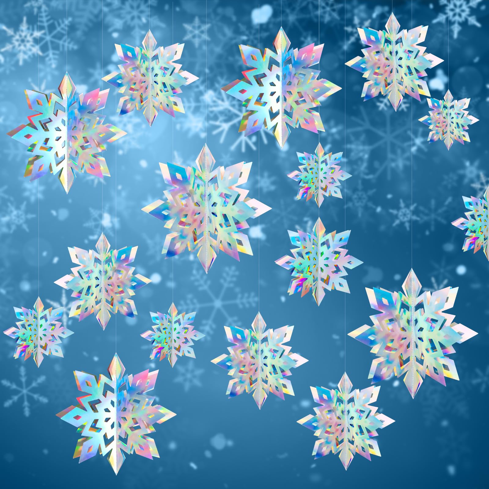 12Pcs Winter Snowflake Ornaments - 3D Large Iridescent Hanging Snowflakes Decorations, Paper Snowflake Garland with 3 Size for Winter Wonderland