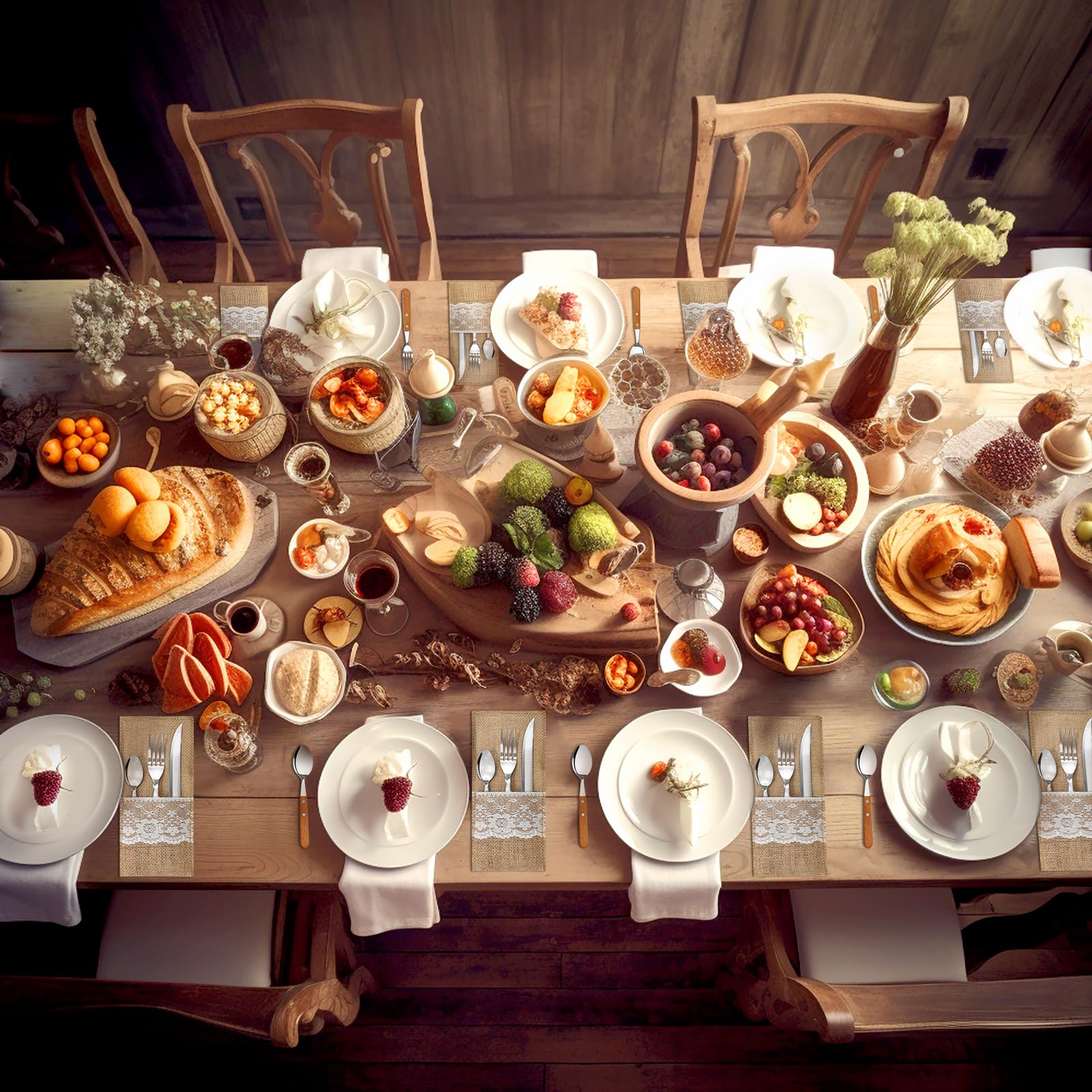 Daily Treasures 48-Piece Flatware Cutlery Set, Stainless Steel Cutlery Silverware with Wooden Handles, Premium Utensils Knife Fork and Spoon Set, Includes Steak Knives, Straws Service for 8 People