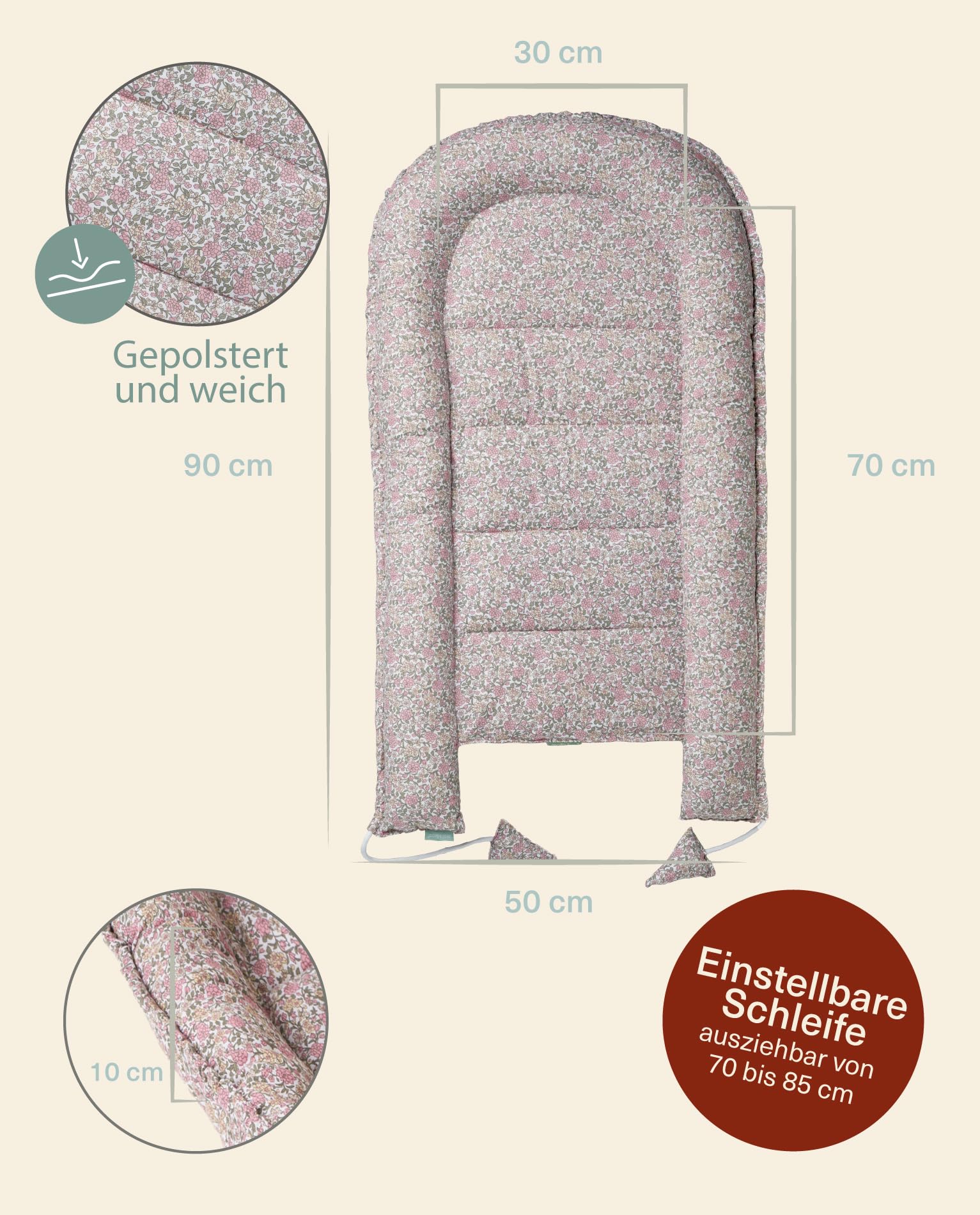 molis&co - Babynest - 100% Baumwolle (Oeko-TEX) - Babynestchen Neugeborene - Ideal als Reisebett, Kuschelnest Geeignet & Cradle Reducer - 90 x 50 cm - Peony