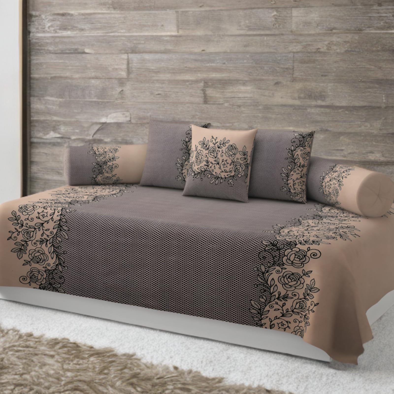 280 TC Cotton Blended Printed Diwan Cover Set with 2 Bolster Covers and 3 Cushion Covers (Pack of 6)| Glace Cotton Diwan Bedsheet Set Brown and Beige Color 18-image-26