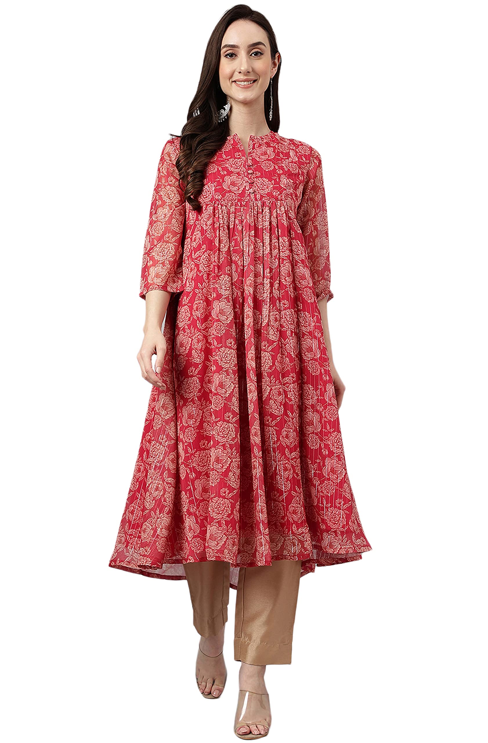 janasya Women's Chiffon Lurex Floral Printed A-line Kurta-picture-35