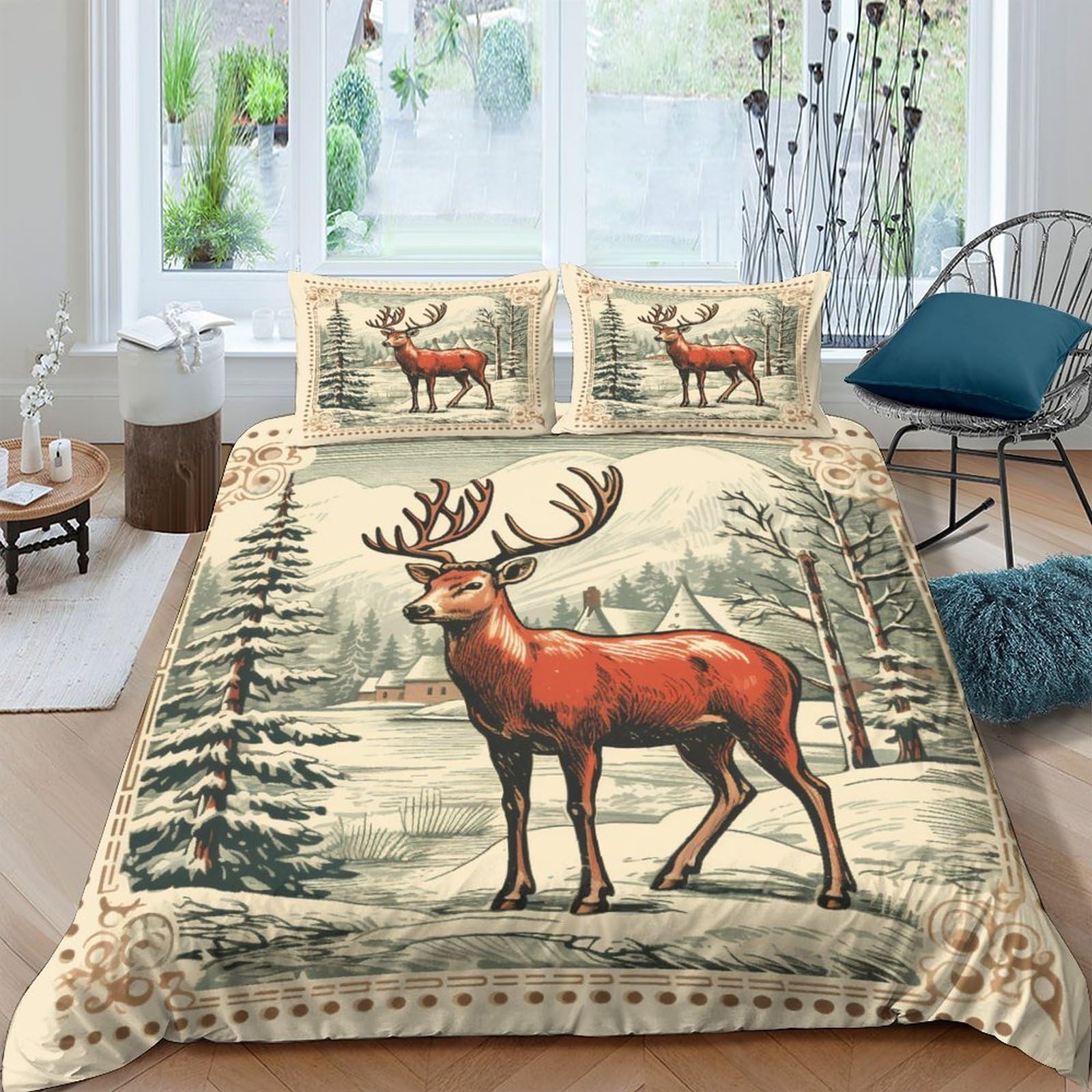 Housses de couettes Noël 3D imprimé timbre vintage pour lit adulte King