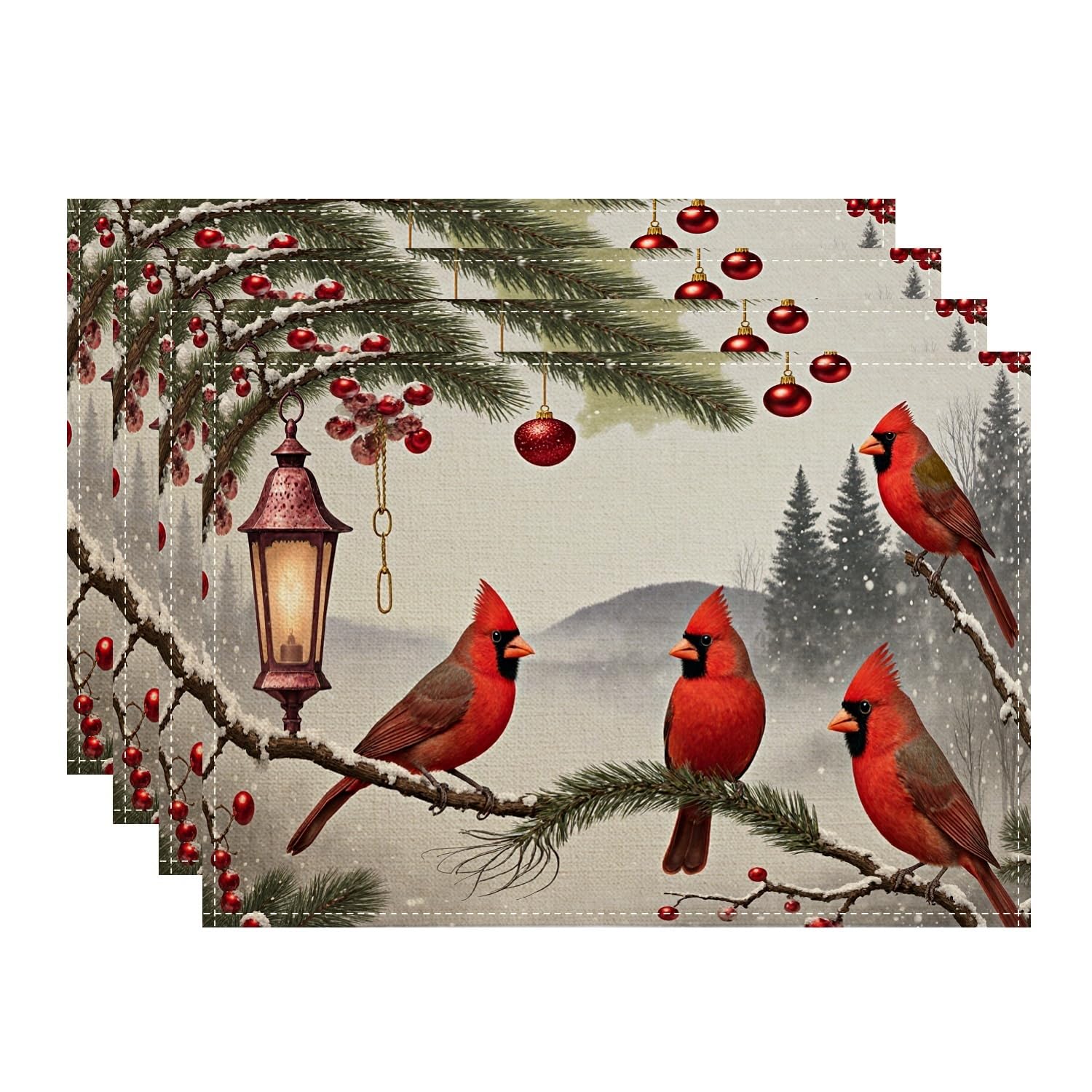 Cardinal Birds Placemats, Rustic Winter Decor Place Mats for Dining Table, Holiday Non-Slip Washable Indoor Outdoor Kitchen Party Decorative Placemat Set of 4