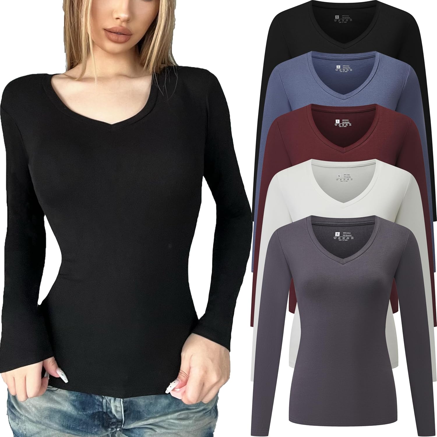 FMNNNN 5 Pack Long Sleeve Shirts for Women V Neck Fall Winter T Shirt Undershirt Fitted Thermal Casual Basic Tops 2026