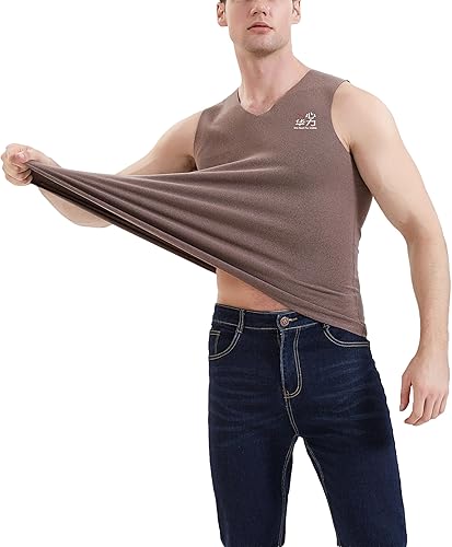 Ropa interior térmica de invierno con forro polar para hombre, camiseta sin mangas, capa base cálida, chaleco sin mangas para clima frío, Marrón con