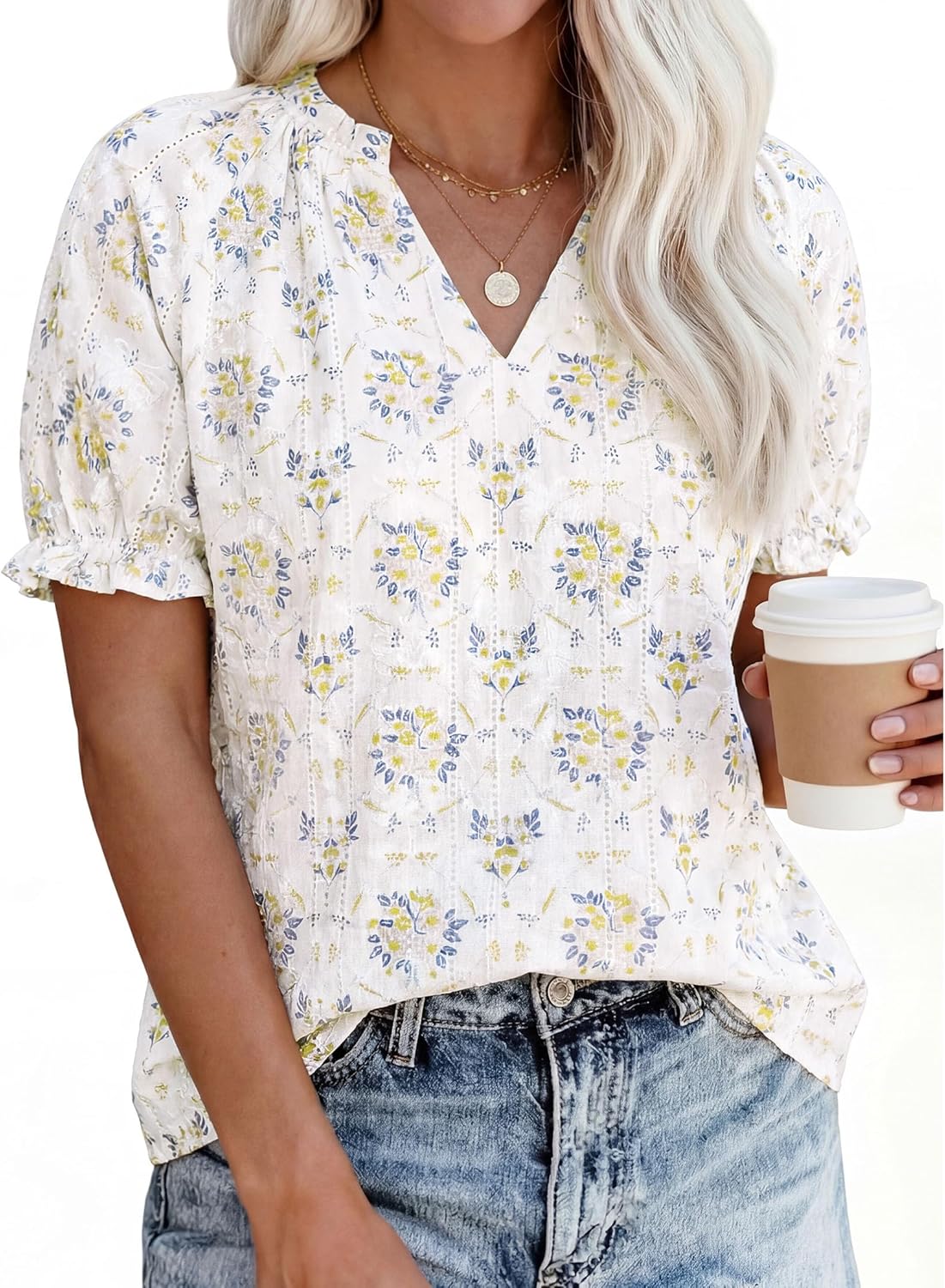 PRETTYGARDEN Summer Short Sleeve V Neck Shirts for Women 2026 Trendy Floral Print Loose Ruffle Tops Business Casual Blouses - Image 2