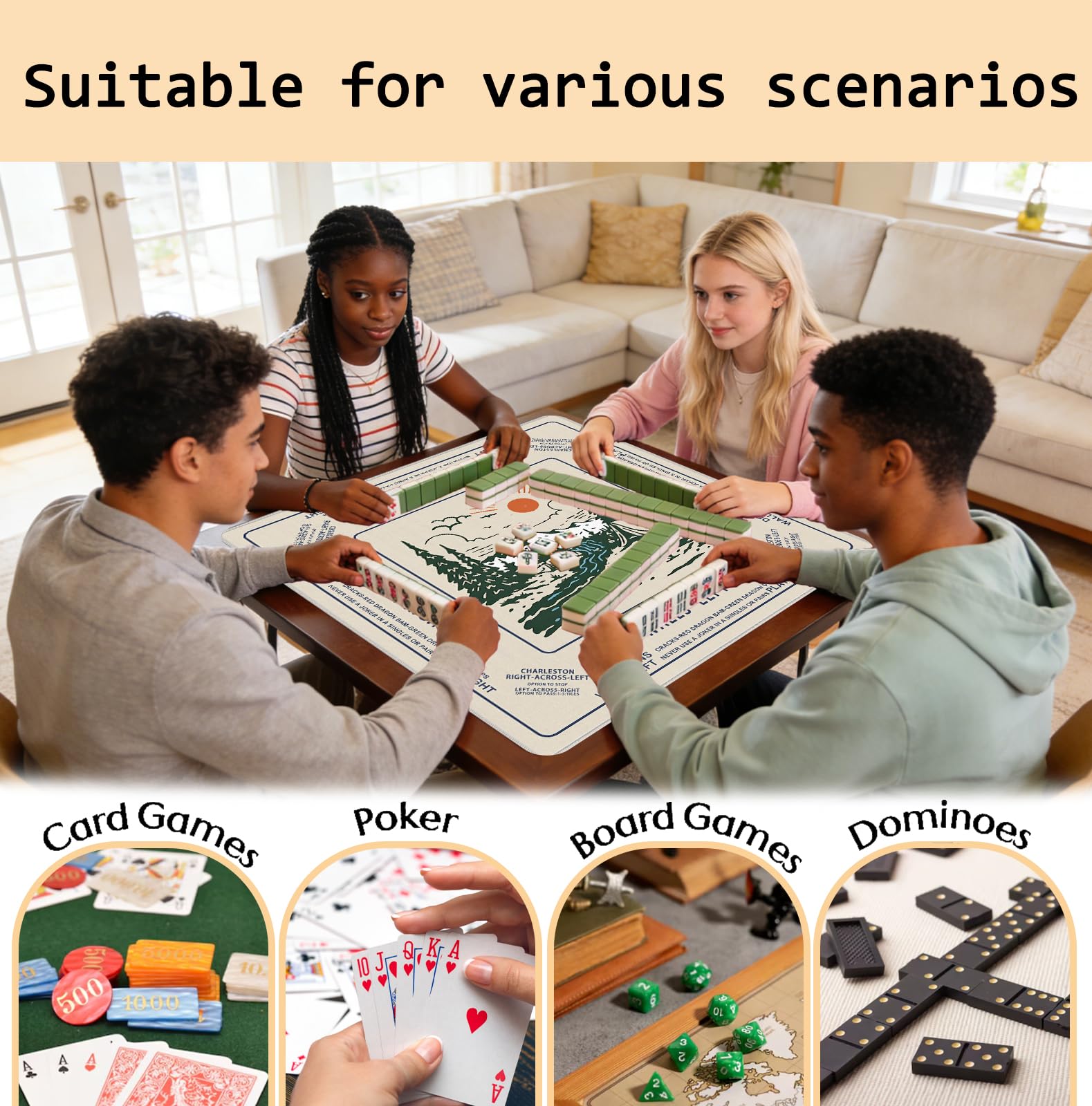 Vintage Boho Camping Mahjong Matte 80 x 80 cm Wald Berg Natur Abenteuer Camper rutschfeste Geräuschreduzierung Mahjong Tischmatte für American Mah Jong Pokerkarten Brettspiele Dominosteine