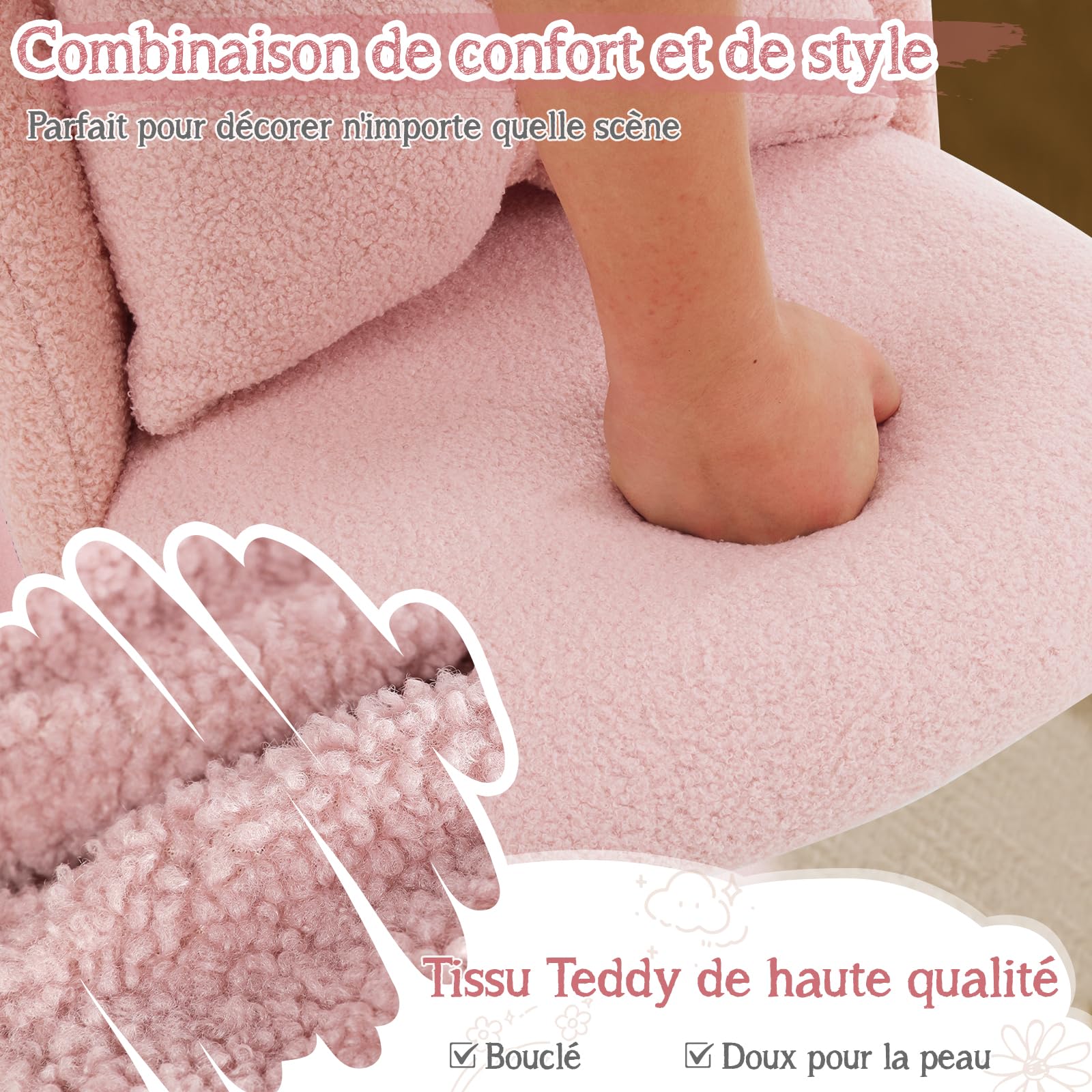 Bonnlo Fauteuil Relax, Chaise Coiffeuse, Fauteuil avec Coussin Nœud, Dossier Incurvé sans Accoudoirs, pour Salon, Bureau, Chambre, en Peluche Lapin/Teddy, 55 x 48 x 78.5 cm (Teddy & Rose)