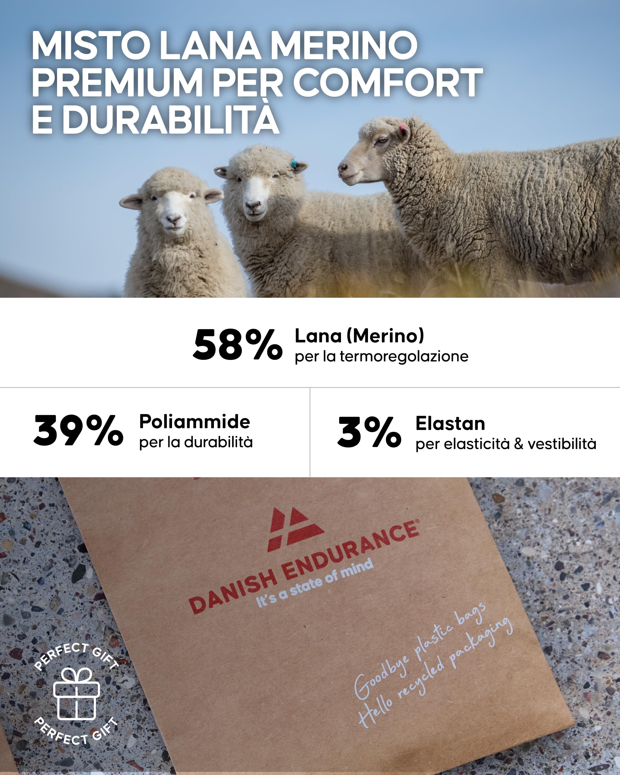 DANISH ENDURANCE Calzini Lana Merino, Anti-Vesciche, Donna Uomo, Ultra Sottili, Sotto Calze Termiche per Sport Invernali, 2 o 4 Paia, Unisex