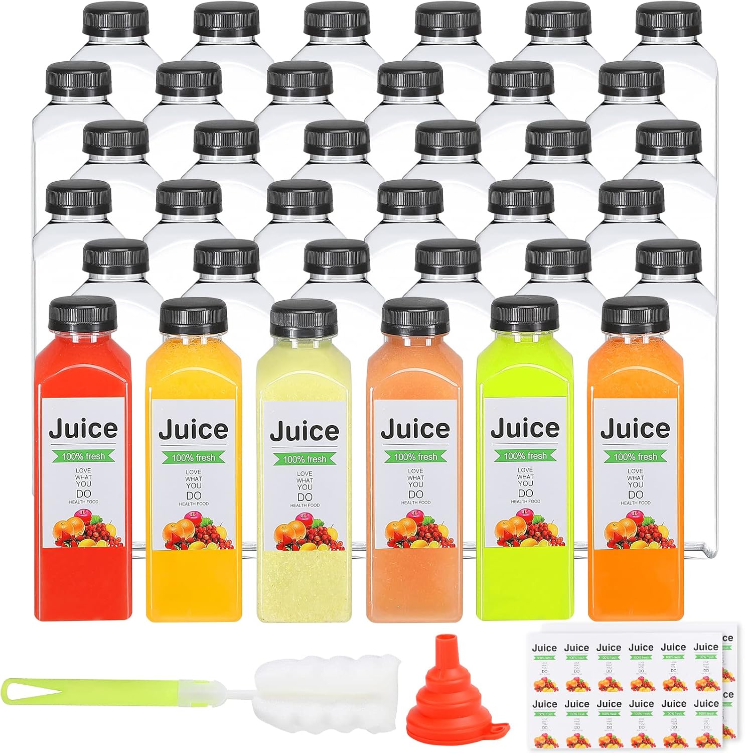 54pcs 8oz Plastic bottles with lids, juice bottles with caps, Reusable containers and Clear beverage for milk, Smoothies, juice