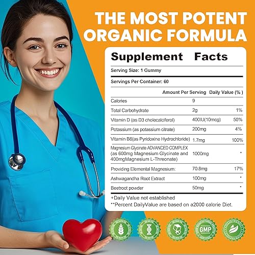 Miniatura 2 de Gomitas de potasio y magnesio, citrato de magnesio de alta absorción, glicinato de magnesio, B6, D3, citrato de potasio para calambres en las