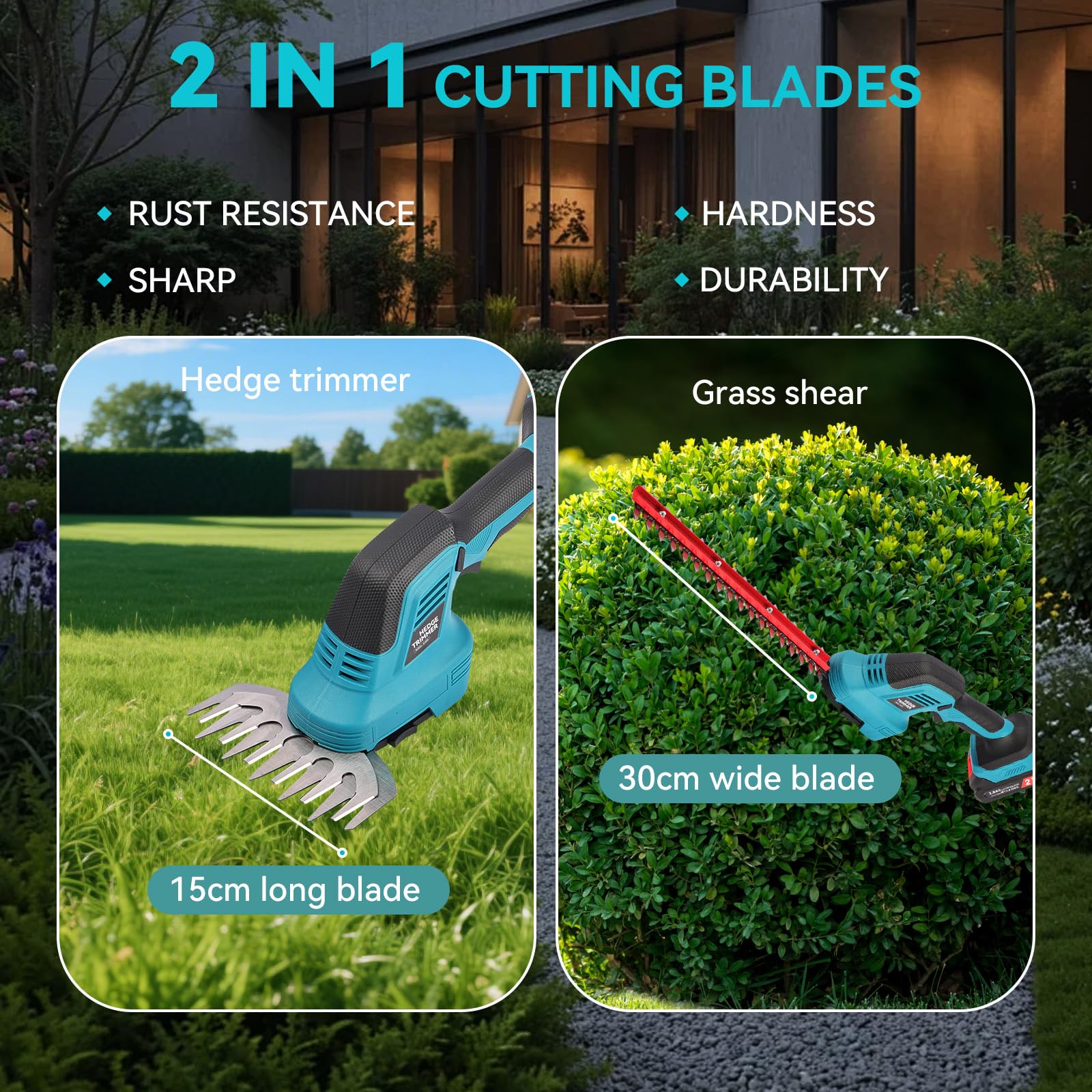 Taille-Haie sans Fil 600W, 2 Lames, 2 Batteries 21V 2.0Ah, Jardin
