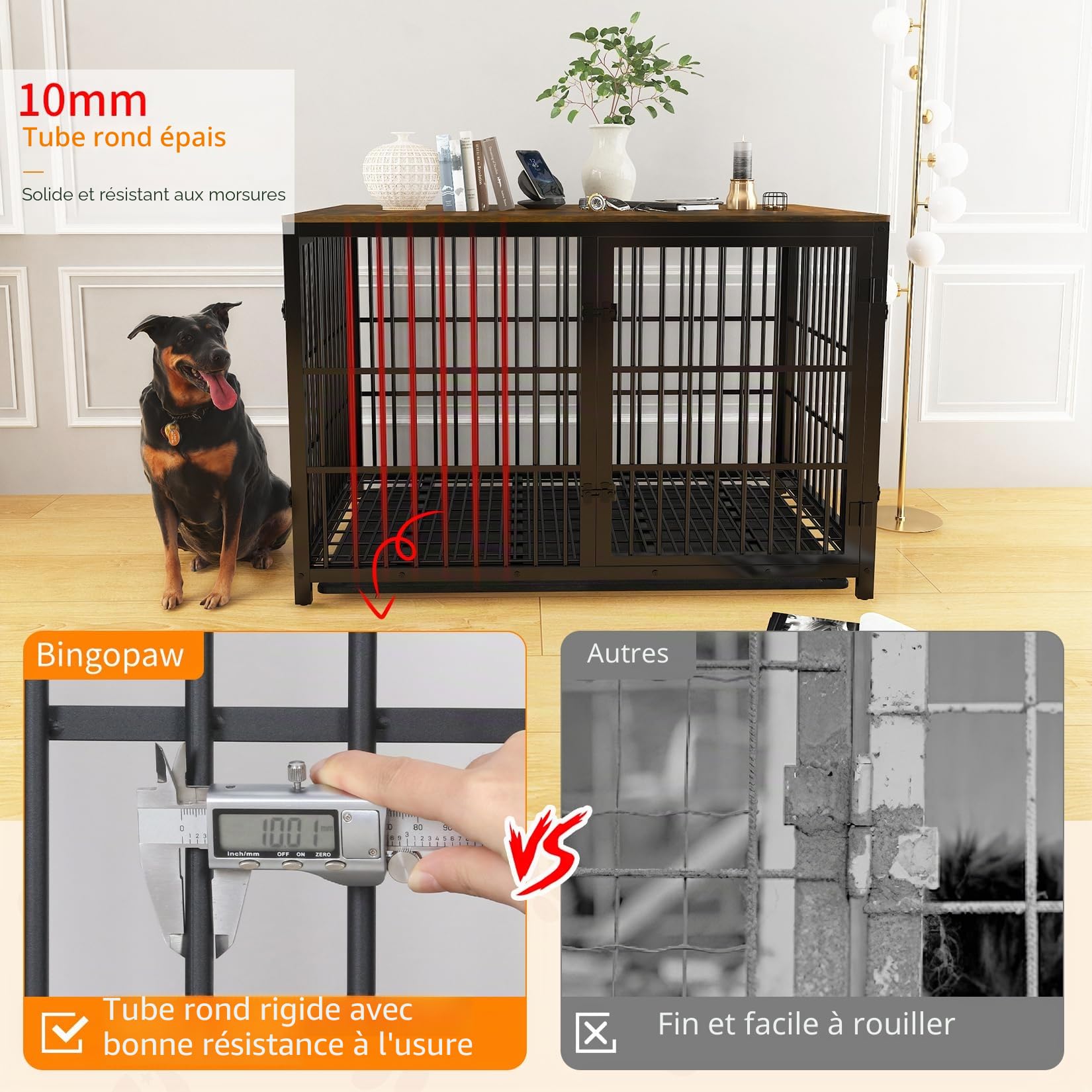 Meuble Cage Chien Bois Intérieur: Niche pour Chien XXL, Table d’Appoint - Maisonnette pour Chien avec 3 Porte et Plateau Amovible, Noir 120x77x81.5cm