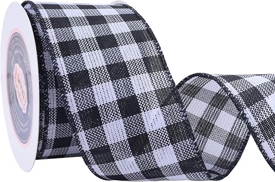 VATIN 2-1/2 Inch x Continuous 10 Yards Black and White Buffalo Plaid Wired Ribbon,Ribbon for Big Bow,Wreath,Tree Decoration,Outdoor Decoration