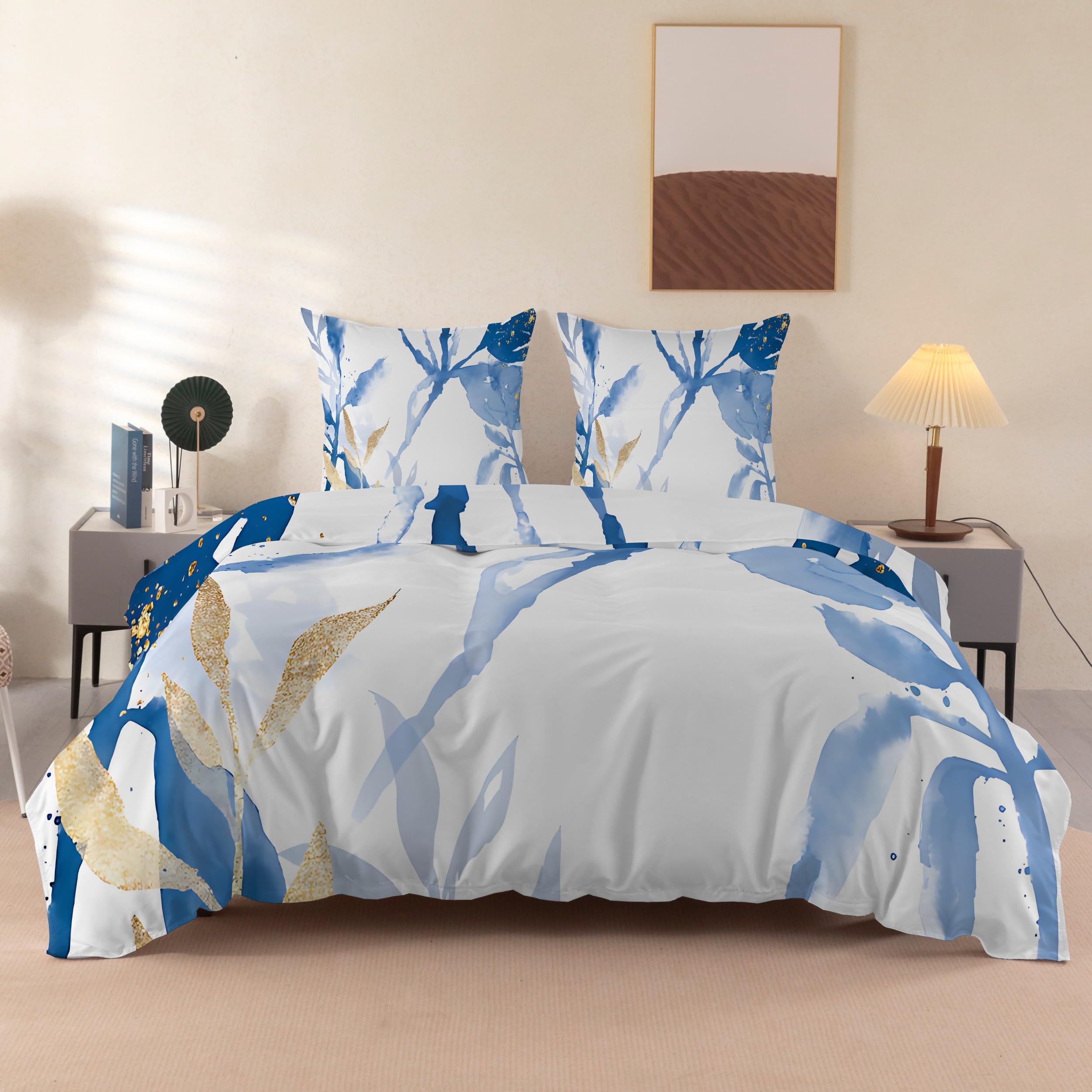 Housse de Couette 200x220 Fleurs Tendance, avec 2 Taie d'oreiller 65x65 Cm, Parure de Lit 200x220 cm Adulte Plantes Aquarelle Bleues, Microfibre, Linge de Lit Fermeture éclairm -RZ46