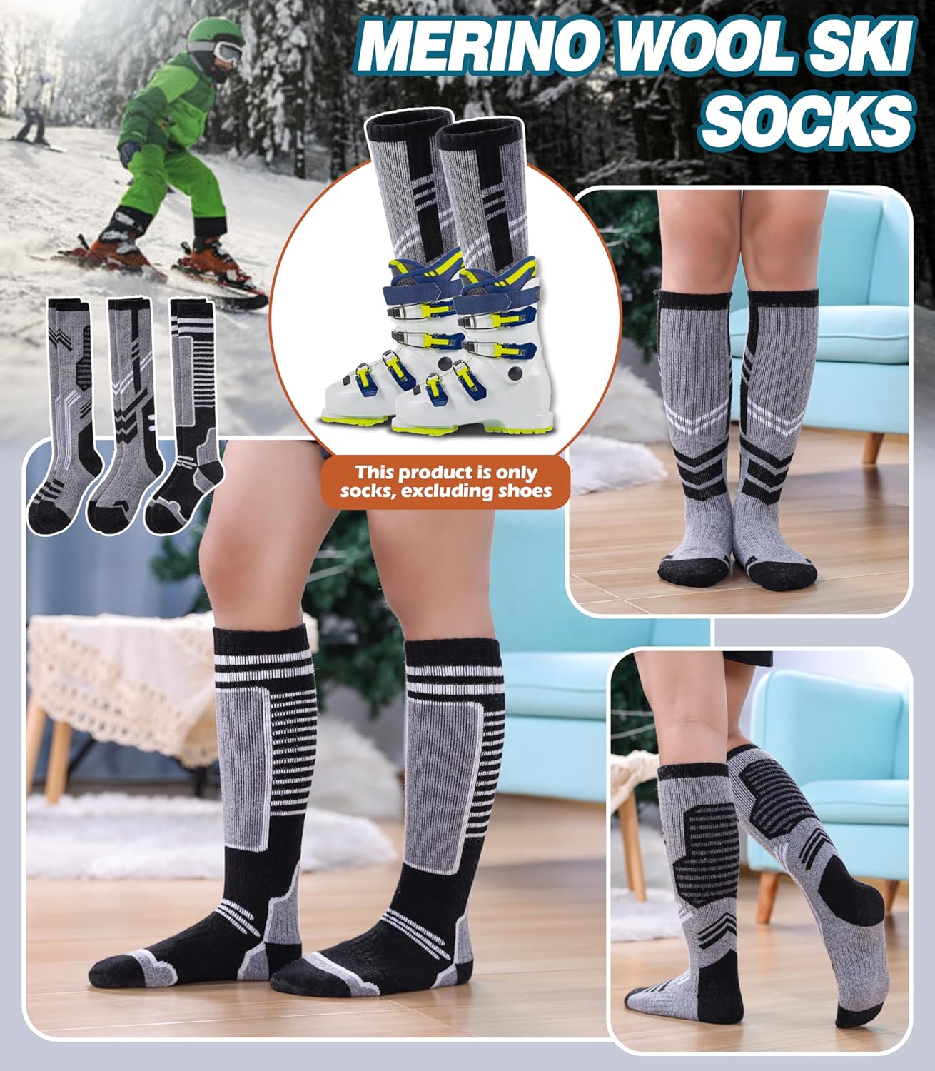Kids Merino Wool Ski Socks Boys Girls Thermal Winter Warm Thick Cozy Socks for Skiing Snowboarding 3 Pairs - Image 6
