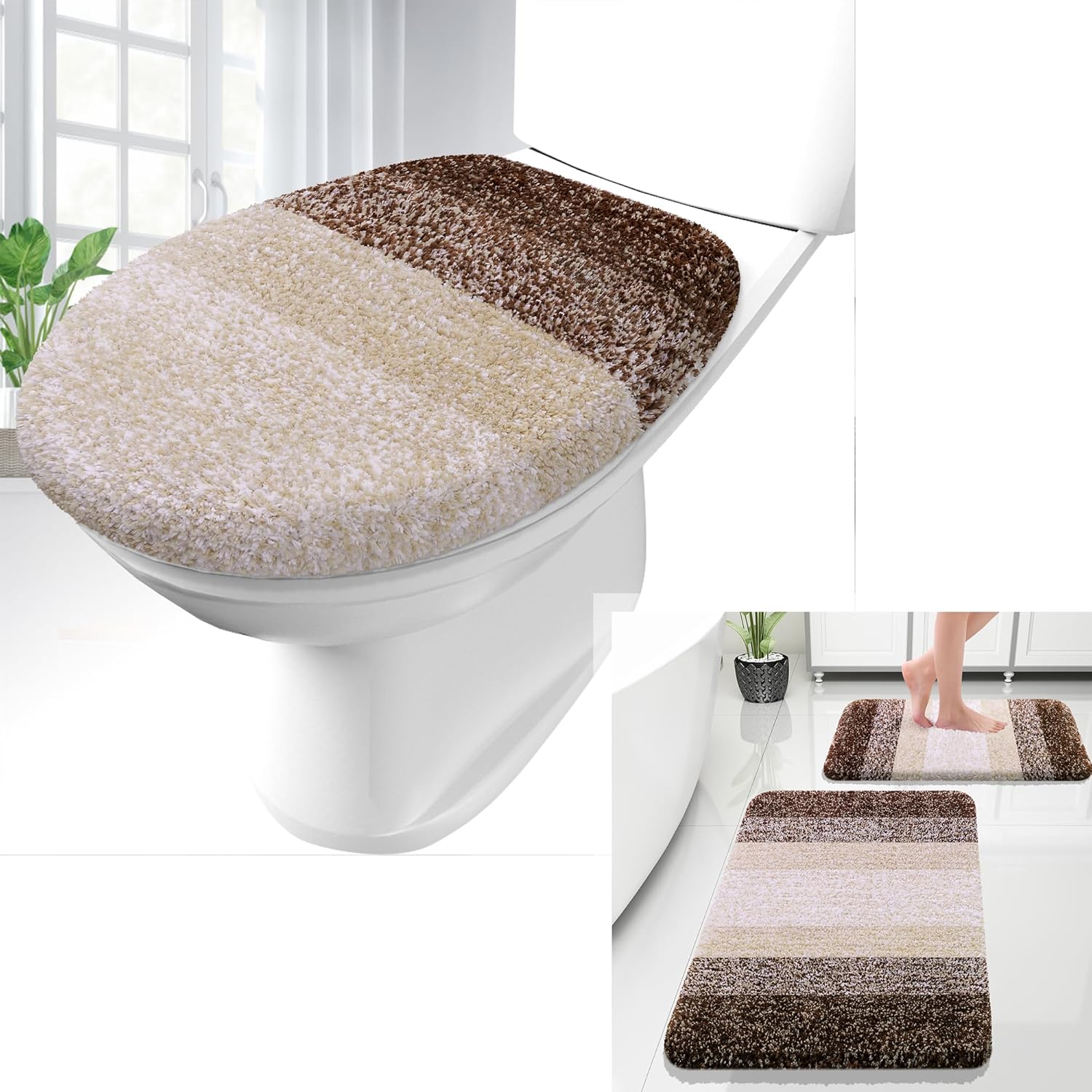 OLANLY Ombre Bathroom Rugs Sets 2 Piece and Toilet Lid Cover, Bathroom Rug Set Size 24x16+30x20 and Toilet Lid Cover Size 17.5x15 in Brown, 3 Item Bundle