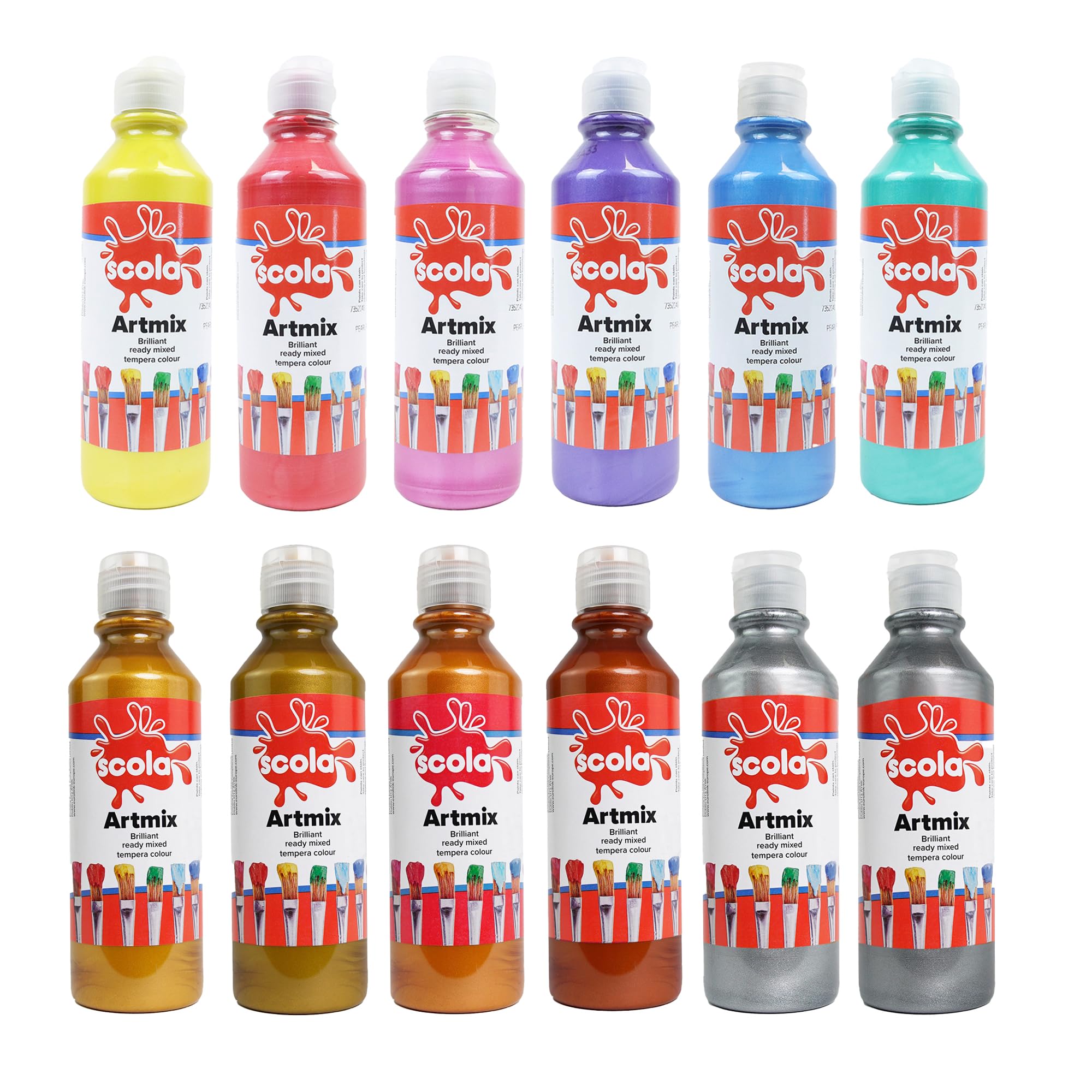 Scola Readymix Water Based Tempera Paint, 12 Pearlescent/Metallic Colours, 300ml Bottles, Safe Non-Toxic Poster Paints, Craft Projects, Suitable for 3+