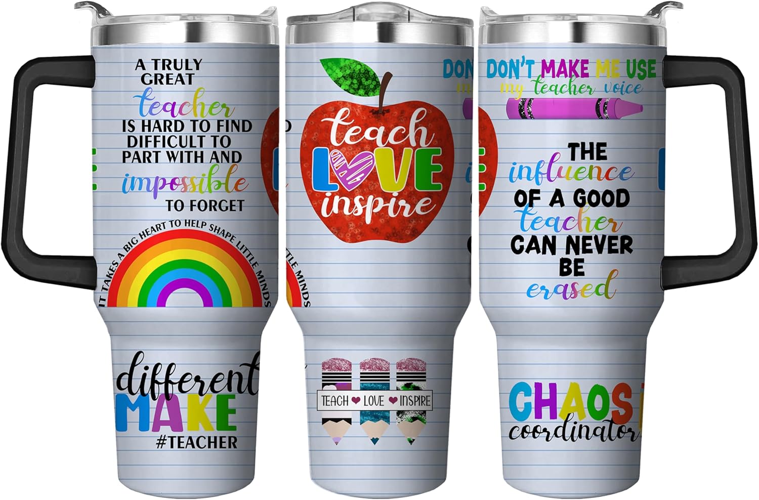 40 Oz Teacher Tumbler With Handle and Straw, Double Wall Coffee Travel Mug Leak Proof, Stainless Steel Cup, Reusable Insulated Water Bottle Gifts for Women