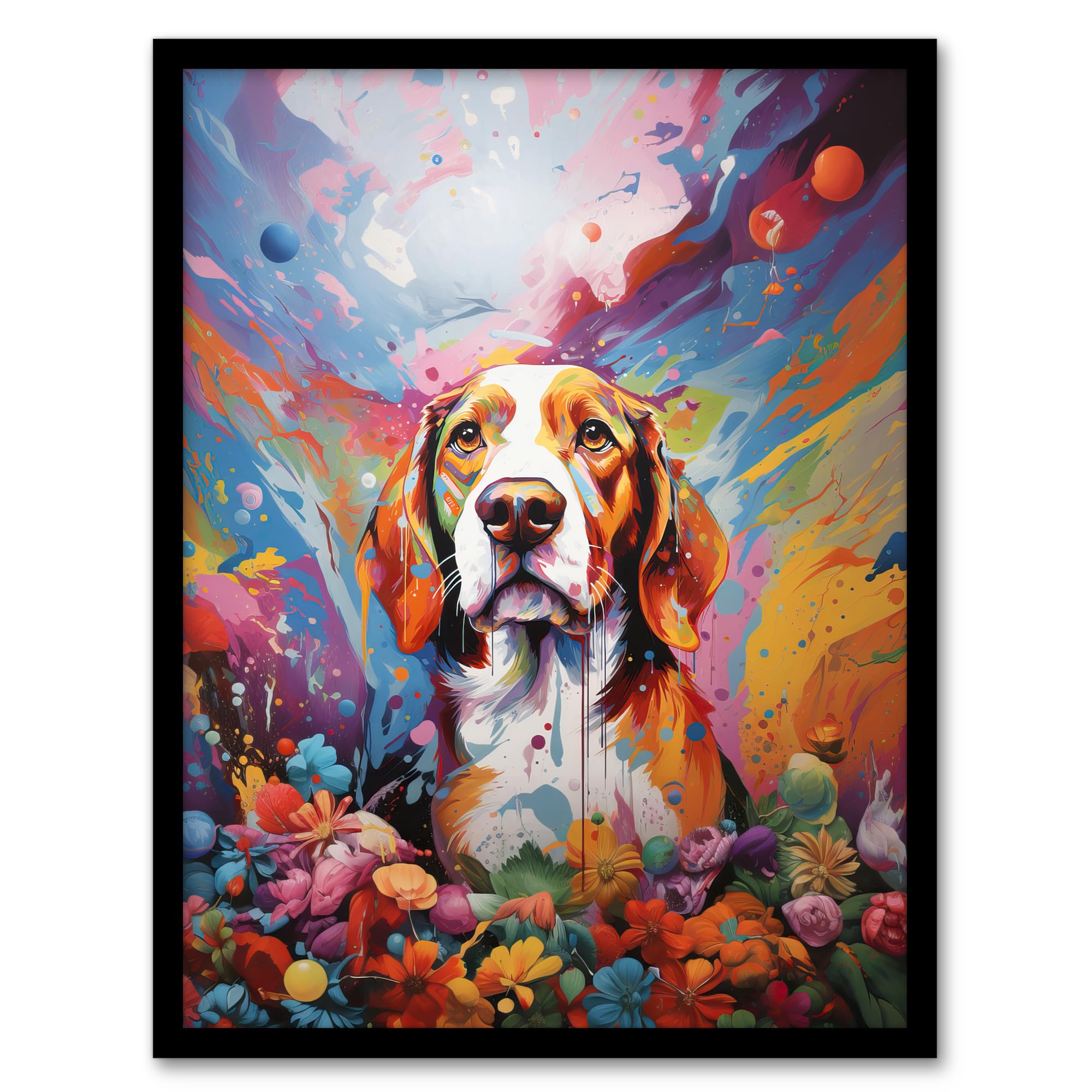Artery8 Beagle Dog Lover Gift Pet Portrait Colourful Sky Artwork Painting Artwork Framed Wall Art Print 18X24 Inch