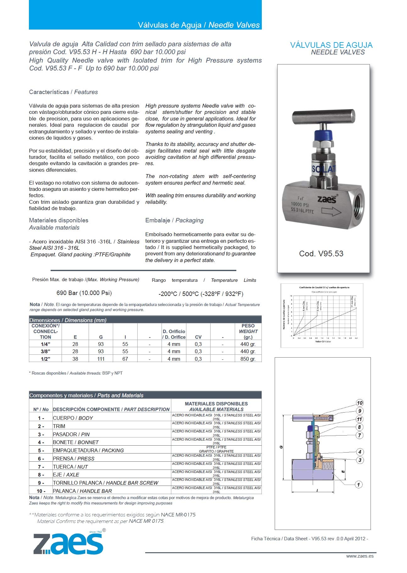 Zaes - Valve d’arrêt à aiguille en acier inoxydable 1/4" filetage femelle AISI 316L PTFE 10000 PSI (690 Bar)