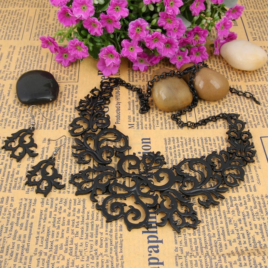 EVER FAITH Black-Tone Alloy Art Deco Hollow Lace Statement Necklace Earrings Set Black