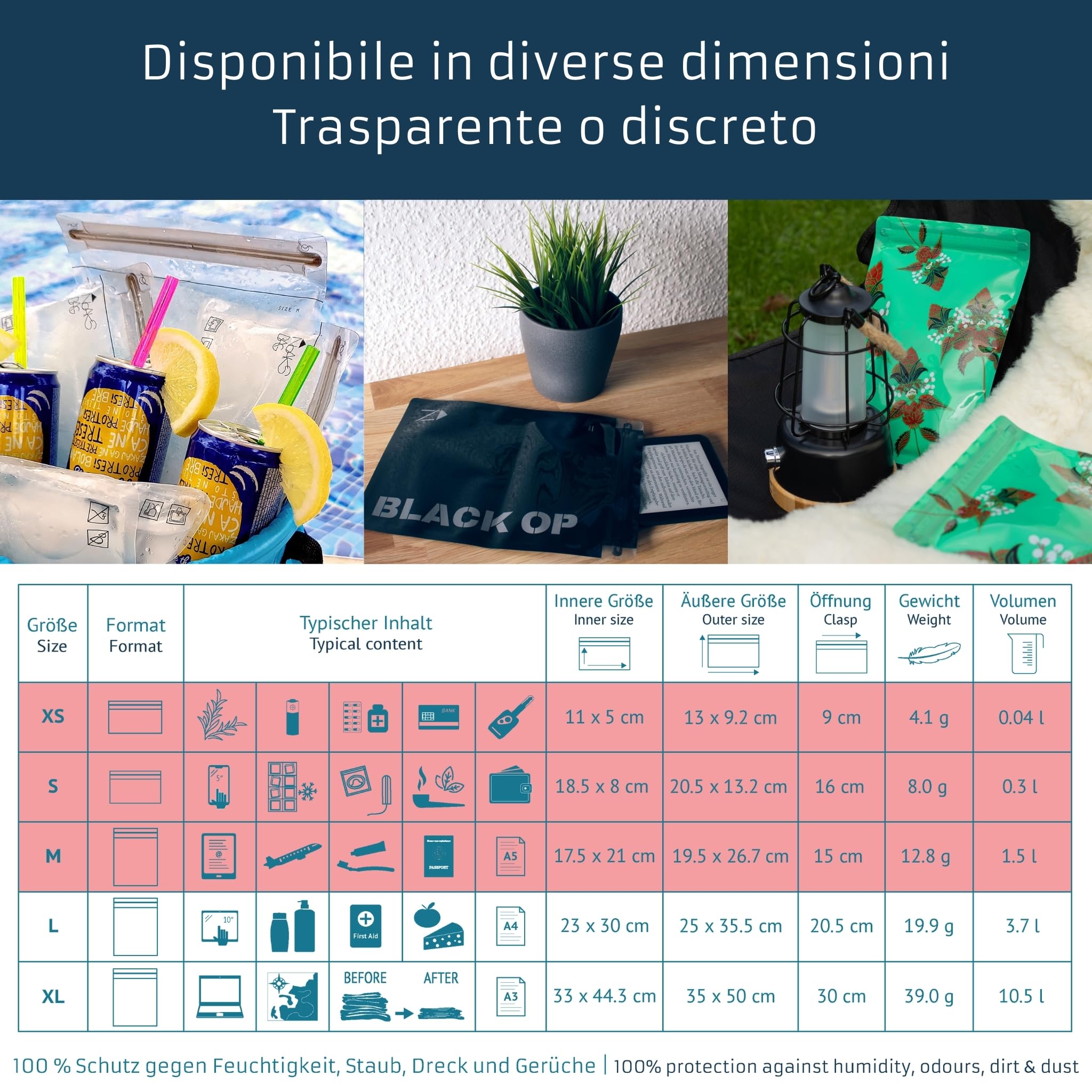 Noaks Bags - Set di buste, 5 pezzi, 1 x S / 2 S / 2 M, con chiusura a zip, 100% impermeabili, anti-odore e sicure