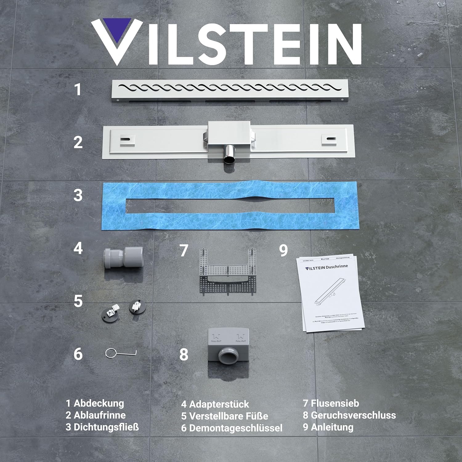 VILSTEIN Duschrinne 60cm Edelstahl, Bodenablauf Komplettset extra flach, Siphon mit Geruchsstop, Haarsieb - Kurze Welle