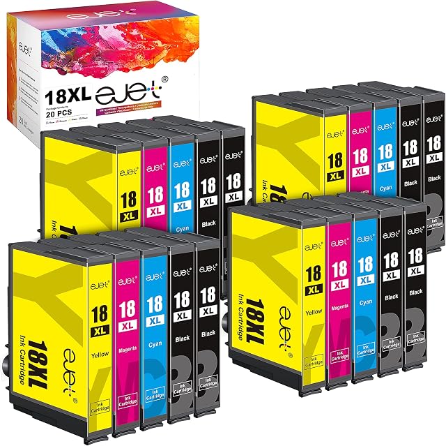 ejet Compatible 18XL Ink Cartridges Replacement for Epson 18 XL for Expression Home XP322 XP215 XP205 XP225 XP305 XP325 XP422 XP405 XP415 XP425 XP315 XP312 XP425 (Black Cyan Magenta Yellow, 20-Pack)
