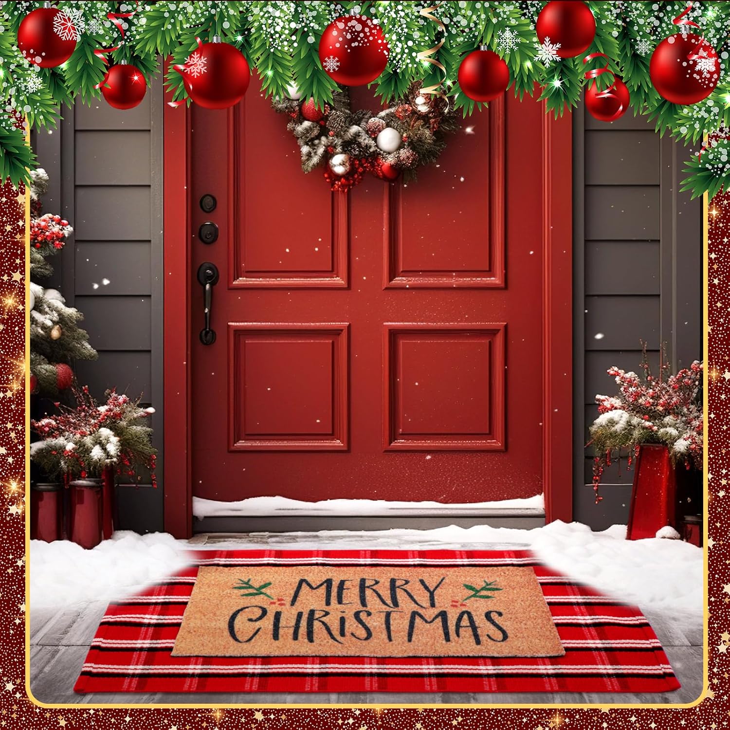 Duraaamo 2 Pcs Merry Christmas Outdoor Doormat Christmas Welcome Coir Doormat Rug Layered Red White Buffalo Plaid Mat for Front Porch Entryway