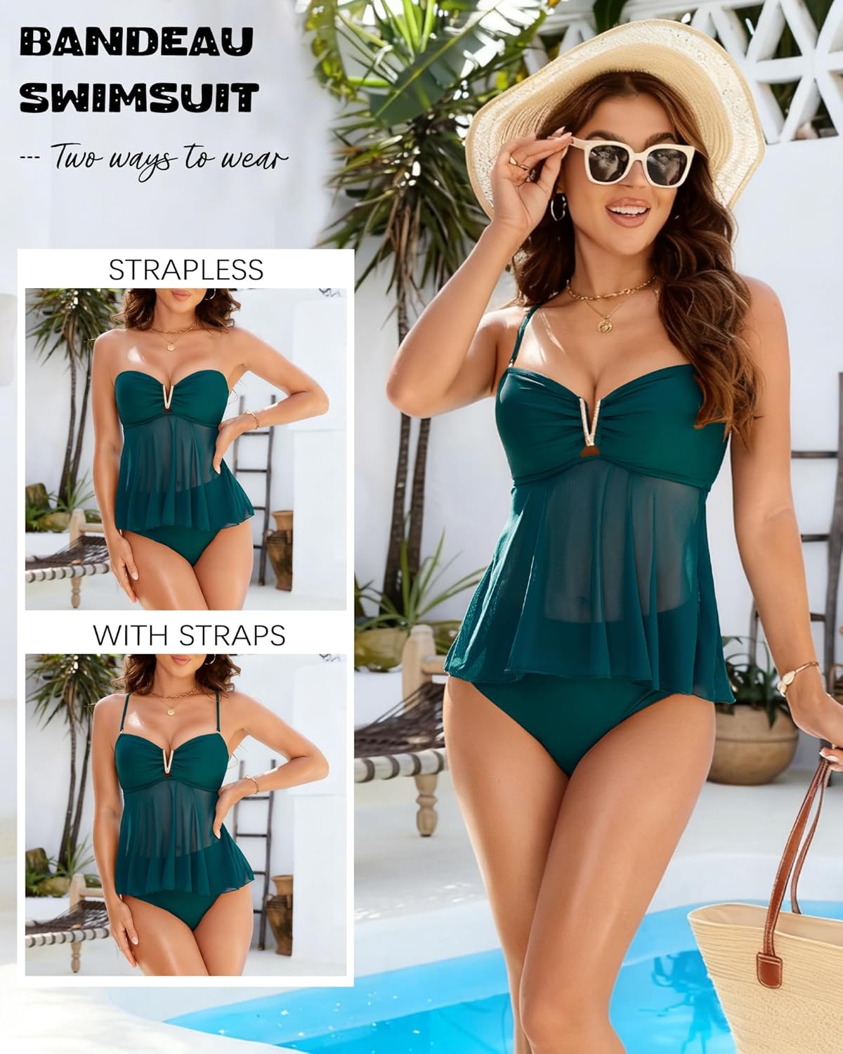 XUNYU Tankini Swimsuits for Women 2 Piece Mesh Bathing Suit Bandeau Tankinis Top High Waisted Tummy Control Swim Suits 2026 - Image 4