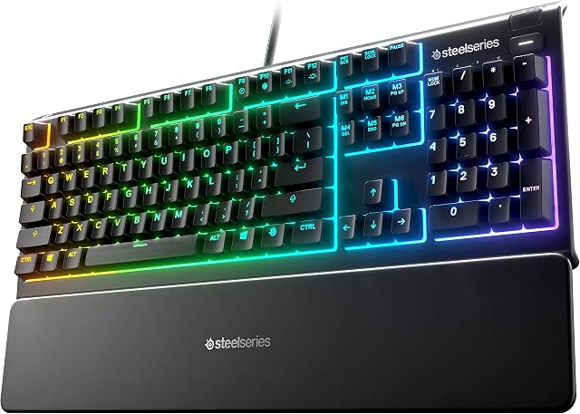 SteelSeries Teclado para jogos Apex 3 RGB  Iluminação RGB de 10 zonas  IP32 resistente à água  Descanso de pulso magnético premium (interruptor de jogo silencioso)