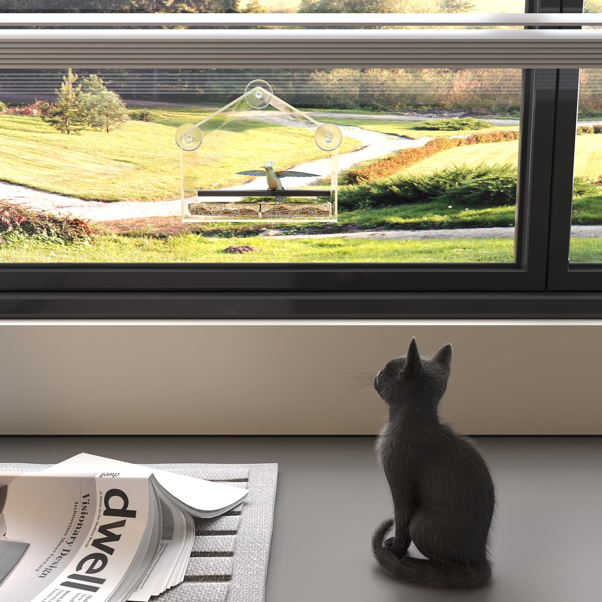 Comedero para pájaros de ventana unidireccional para exteriores con ventosas fuertes, casa de pájaros silvestres de acrílico transparente para ver gatos, comedero de pájaros grande transparente