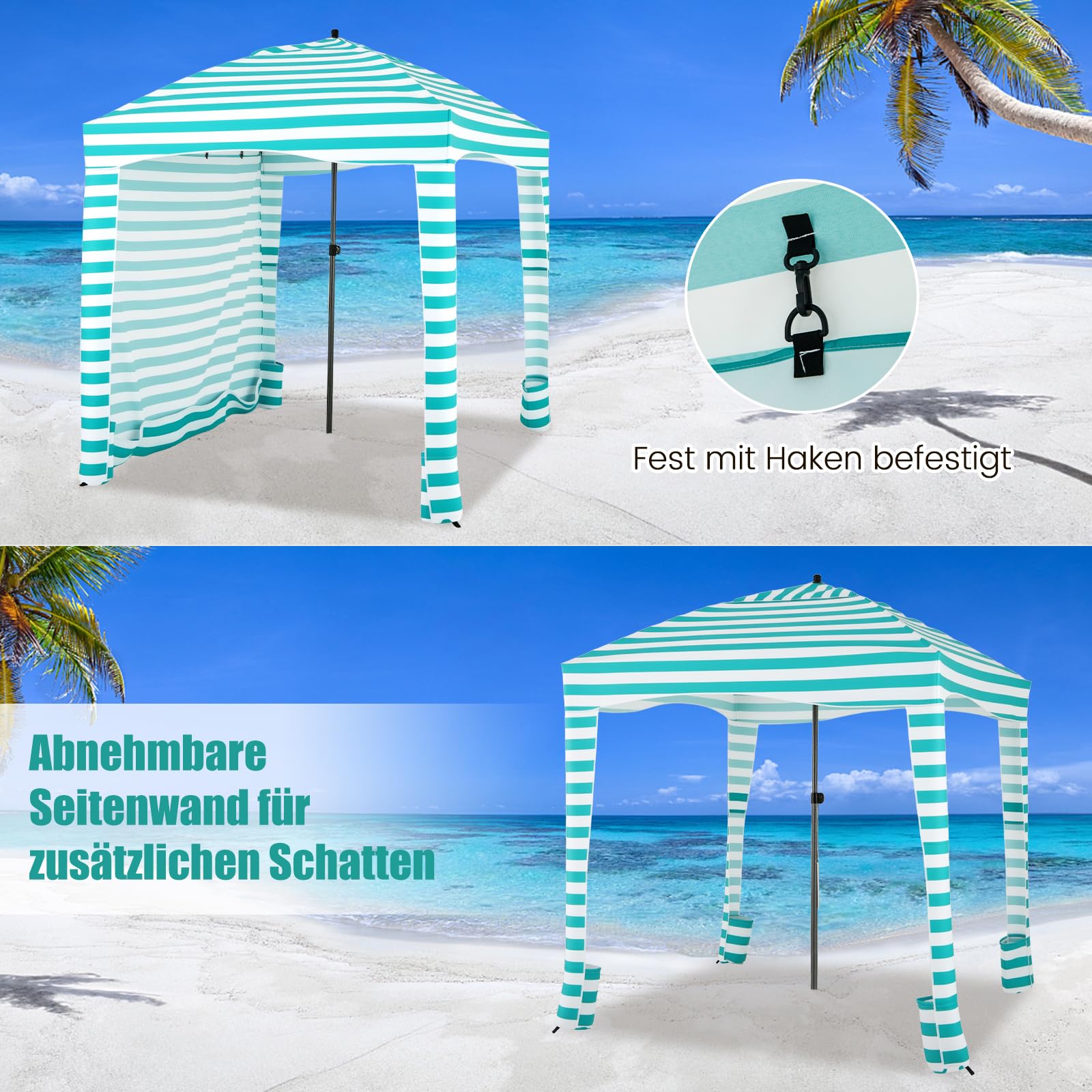 COSTWAY Osłona przeciwsłoneczna ze zdejmowaną ścianką boczną i 8 workami na piasek, przenośny namiot plażowy z torbą do przenoszenia, cień outdoorowy, na plażę, kemping, piknik, 183 x 183 cm