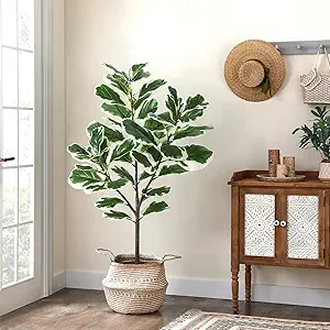 GlowSol Faux Fiddle Leaf Fig Tree, 4.3 Ft Artificial Ficus Lyrata Plant with 46 Fiddle Leaves, Potted Tall Fake Plants for Indoor Outdoor Home Office Living Room Decor Housewarming Gift