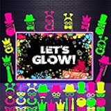 46 Pieces Glow Party Supplies Including Let's Glow Neon Banner Backdrop 45 Photo Booth Prop Fully Assembled Fluorescent Paper Posing Prop for Birthday Party Halloween Christmas