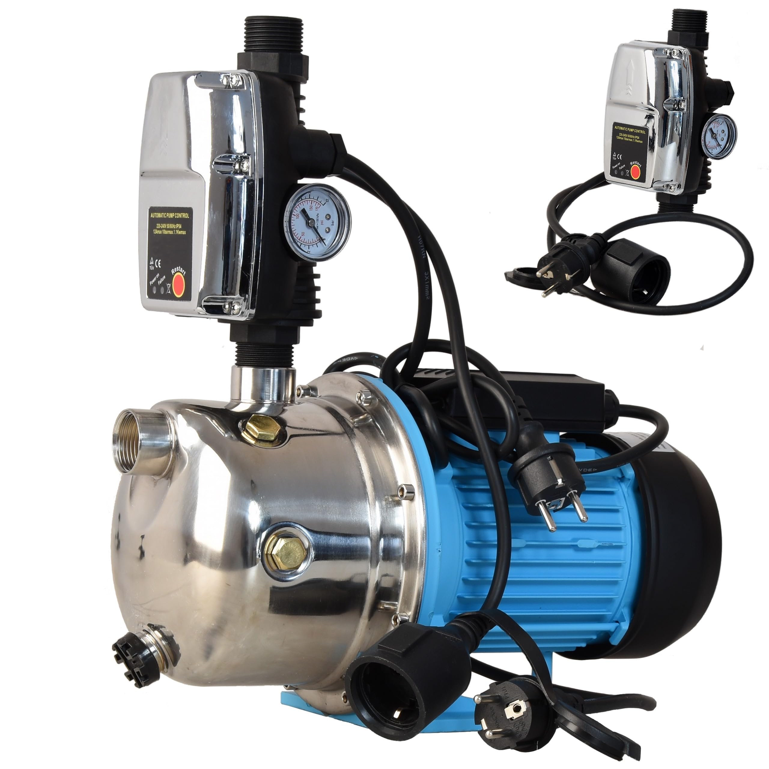 Pompe d'arrosage JX 1100 avec Pressostat Électronique CSK 5 - Pompe à Eau (1100 W, 3600 l/h hauteur max 50 m) Commande de Pompe – Mise en Marche et Arrêt Automatiques - Protection Fonctionnement à Sec