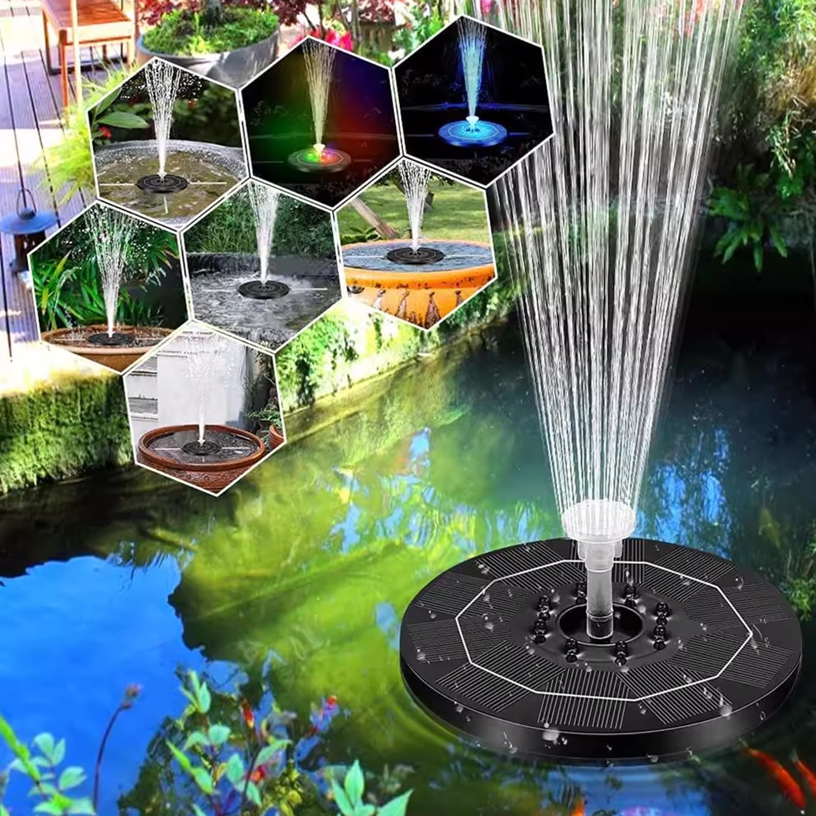 Fontaine solaire pour extérieur, pompe de bassin solaire 3 W, pompe solaire flottante avec LED et 8 buses transparentes, pour jardin, étang, bain d'oiseaux