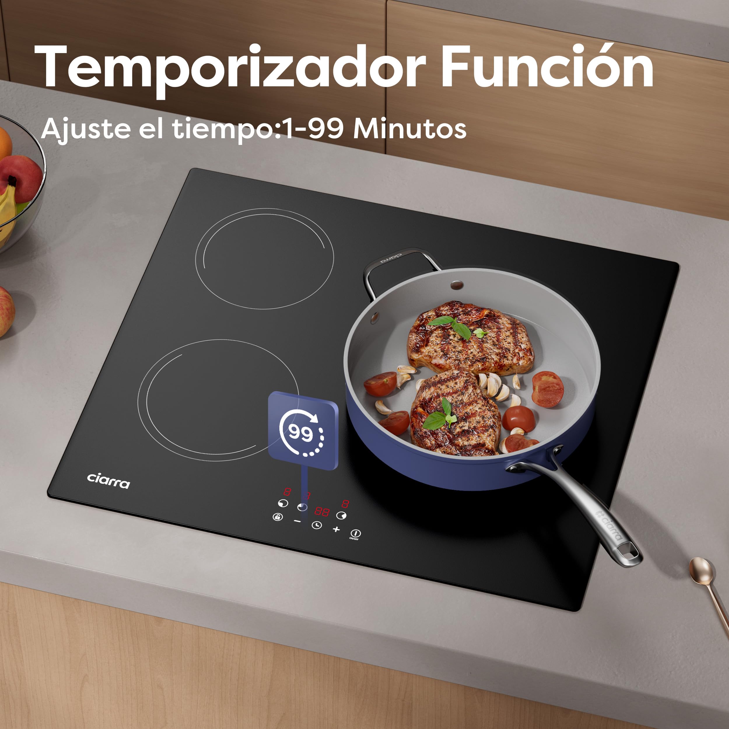 Ciarra Placa Induccion 3 Fuegos 60cm 5600W Bloqueo de Seguridad | 9 Niveles, Control Táctil, Temporizador, Indicador de Calor Residual, Ideal Para el Uso Diario en Familia