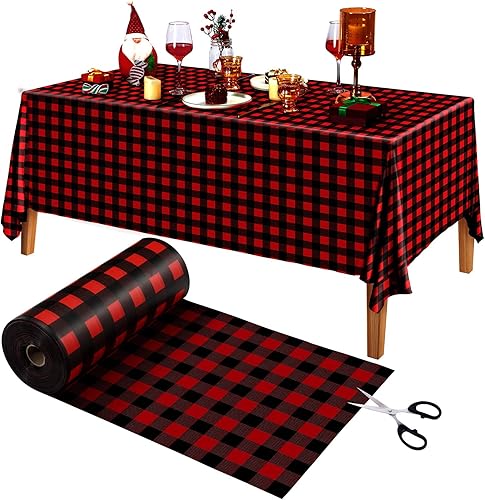 Tudomro Mantel de plástico de Navidad ultra largo de 54 pulgadas x 300 pies, rollo de mantel desechable a cuadros rojo y negro, rollo con tijeras