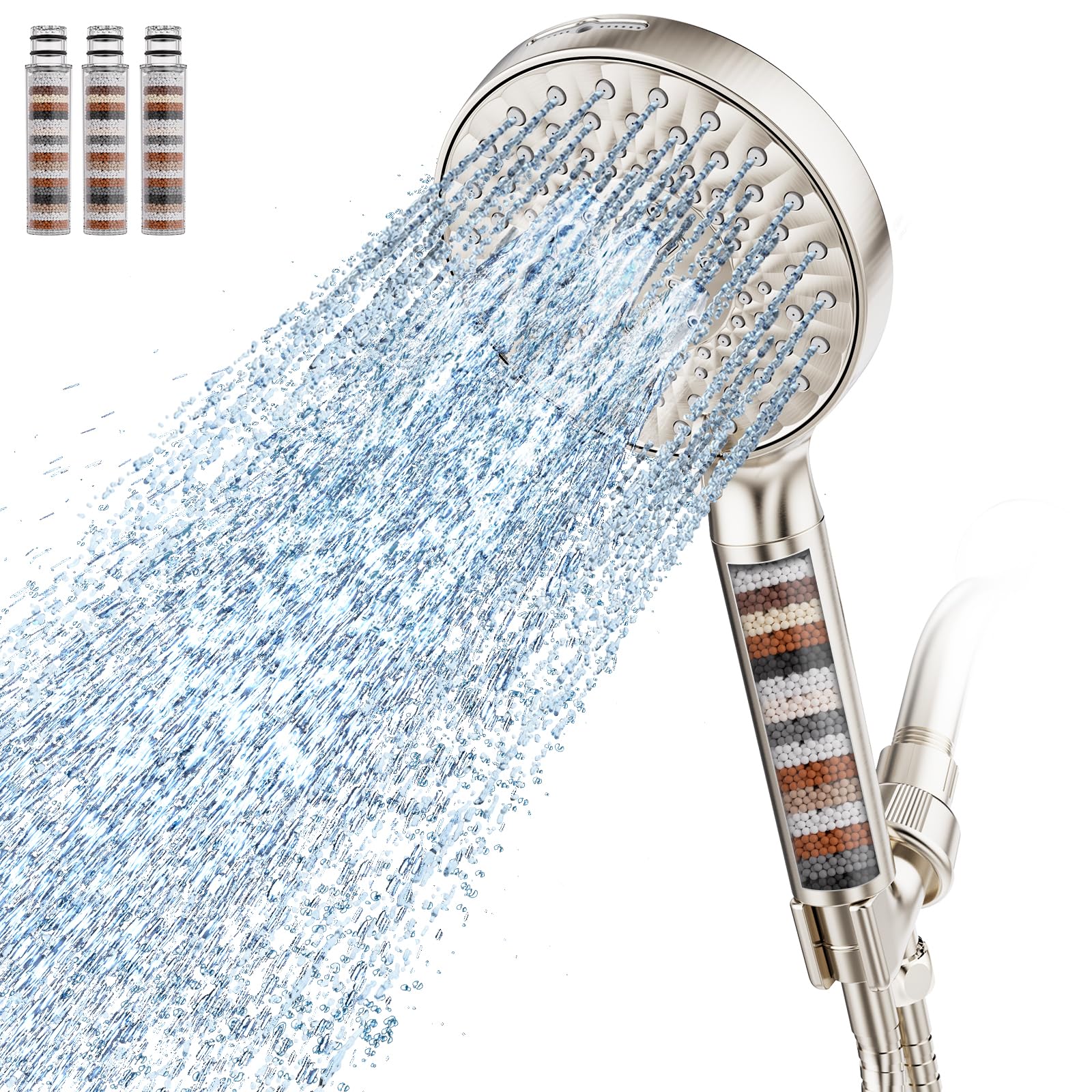 SR SUN RISE Filtered Shower Head with Handheld High Pressure 9 Spray Mode Showerhead Detachable Shower Head Water Softener Filters Beads for Hard Water Remove Chlorine 4 Filters Light Champagne