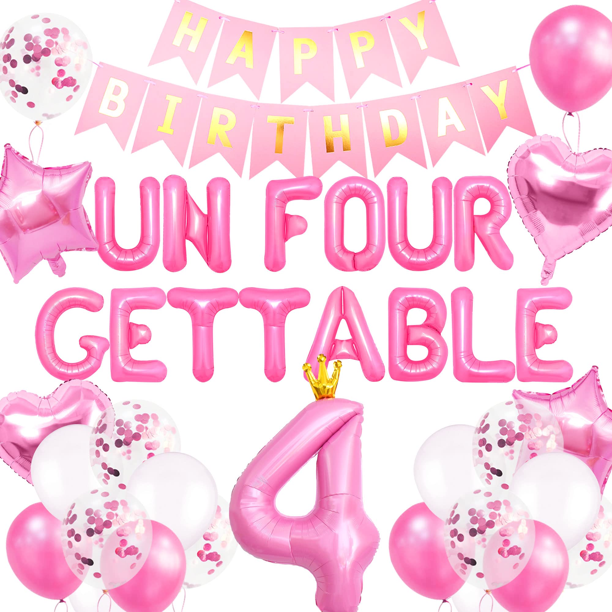 41 PCS Un Four Gettable Birthday Decoration Girls Un Four Gettable Party Balloons Four Years Old Birthday Decoration Girls 4th Party Supplies