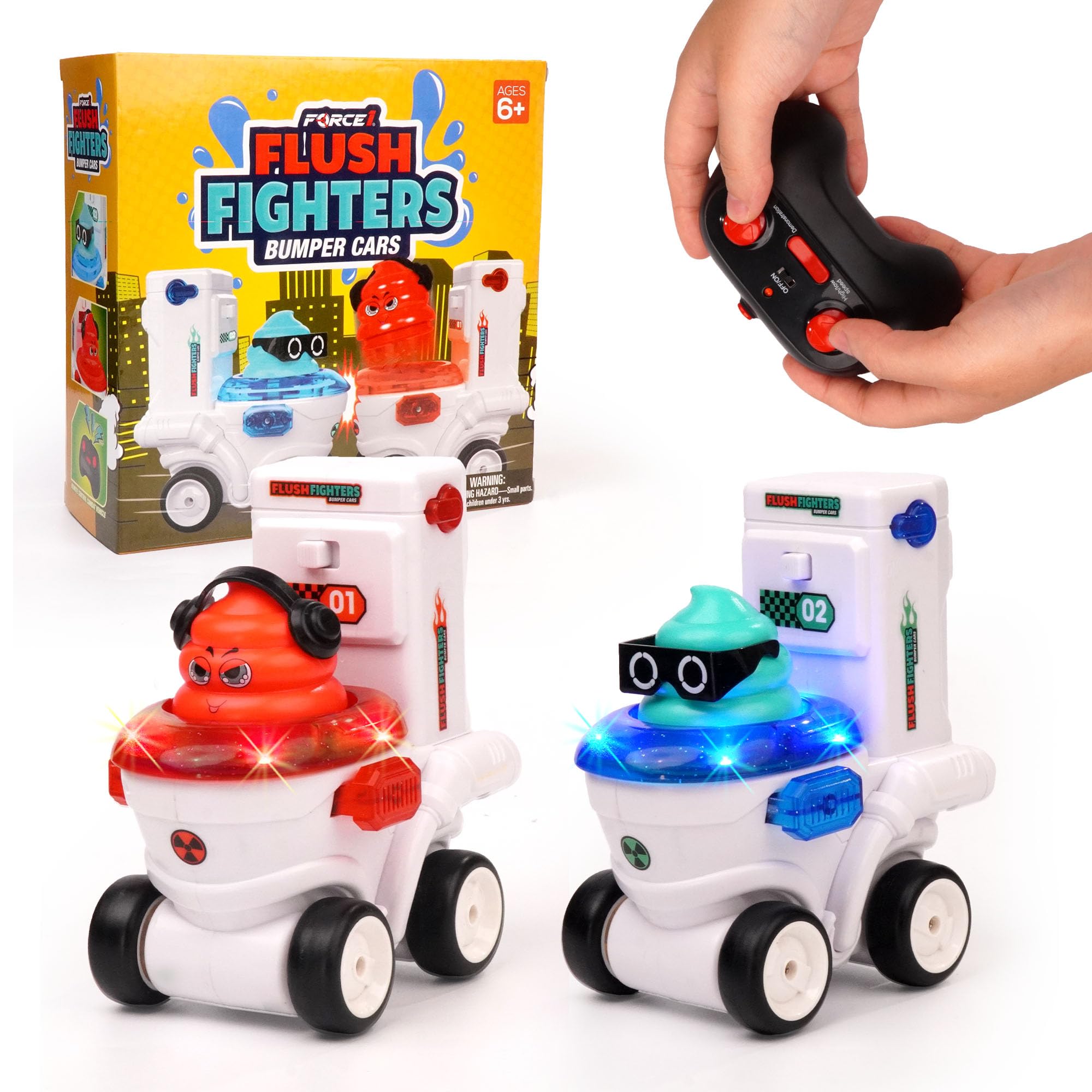 Force1 Flush Fighters Bumper Cars 2pk Mini Remote Control Cars for Kids - Fighting Toilet RC Car with LED Lights, Ejecting Figures, Sound Effects, 2