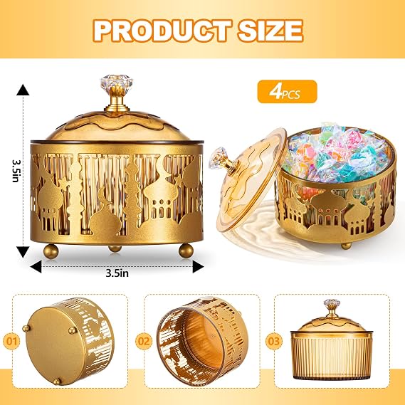 4 Pcs Ramadan Serving Trays with Lid Metal Gold Eid Mubarak Tray Decorations Ramadan Plate Food Storage Container for Serving Cookie Candy Pastry Dessert Eid Party(Classic)