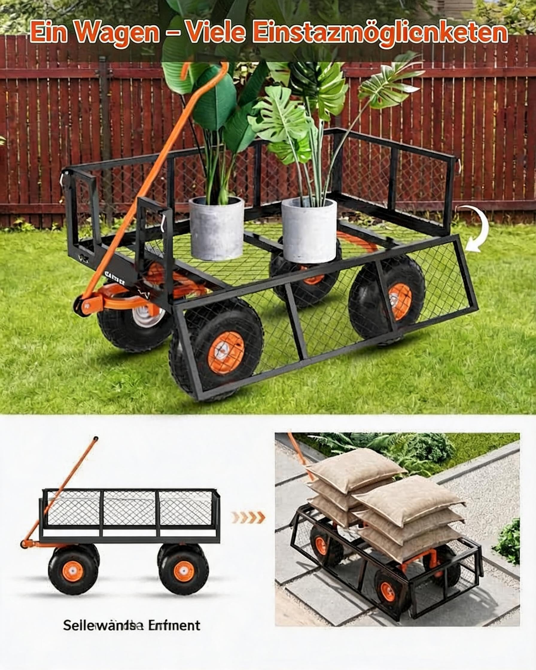 GarveeTech Gartenwagen 400kg, Stahl Transportwagen mit Gitterwänden