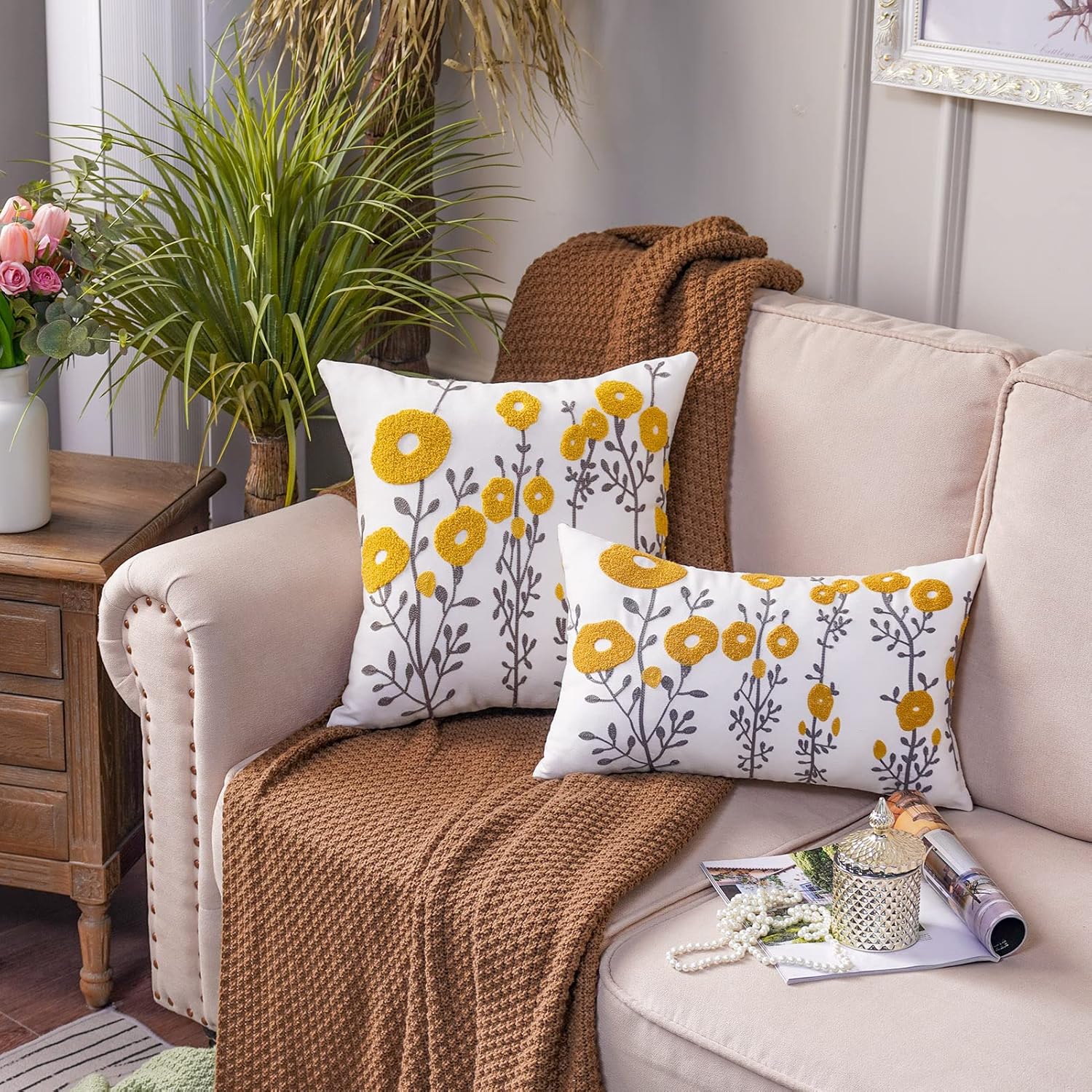 ARTMAGIC Yellow Flowers Cushion Cover Embroidery Decorative Throw Pillows Cover Farmhouse Square Pillow Case for Couch Sofa Bed Living Room Bedroom Home Decor (18x18 Inches, Yellow 01) - Image 3