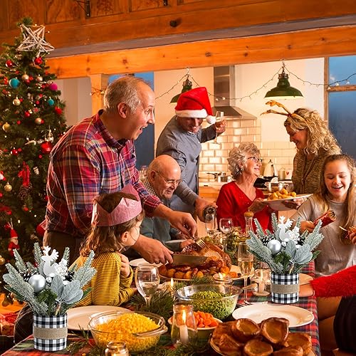 Miniatura 4 de Glitinsel 2 piezas de árbol de Navidad artificial a cuadros de búfalo pequeño, mini mesa, decoración de árbol de Navidad artificial con adornos de